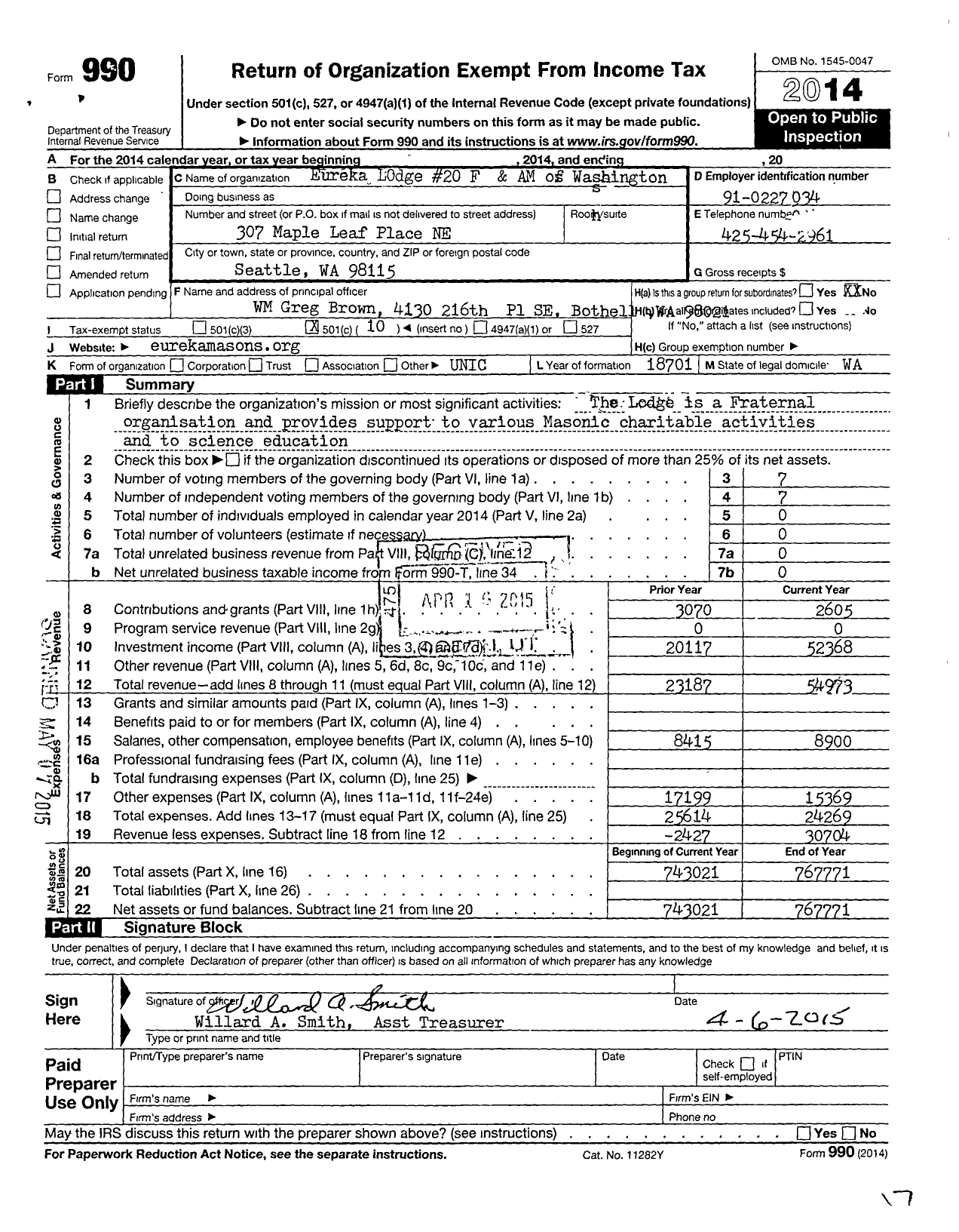 Image of first page of 2014 Form 990O for Free and Accepted Masons of Washington - 20 Eureka Lodge