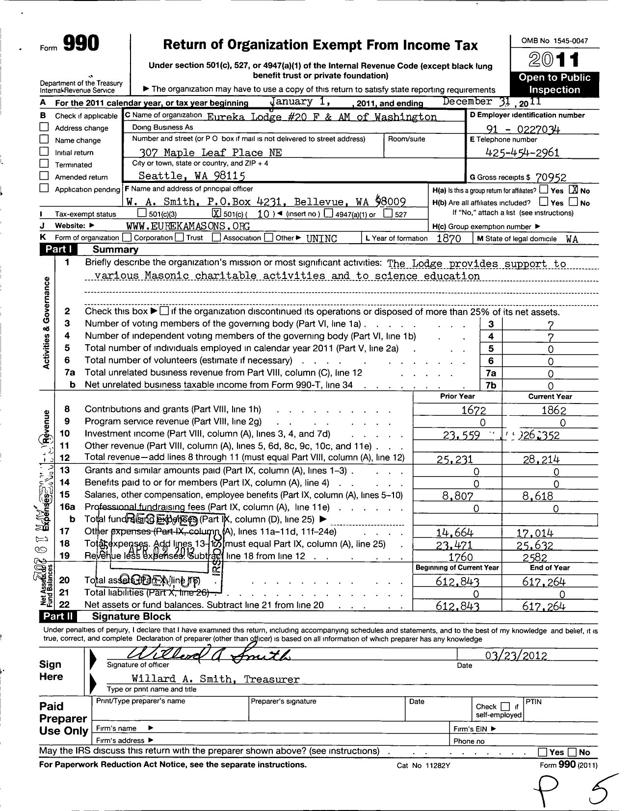 Image of first page of 2011 Form 990O for Free and Accepted Masons of Washington - 20 Eureka Lodge