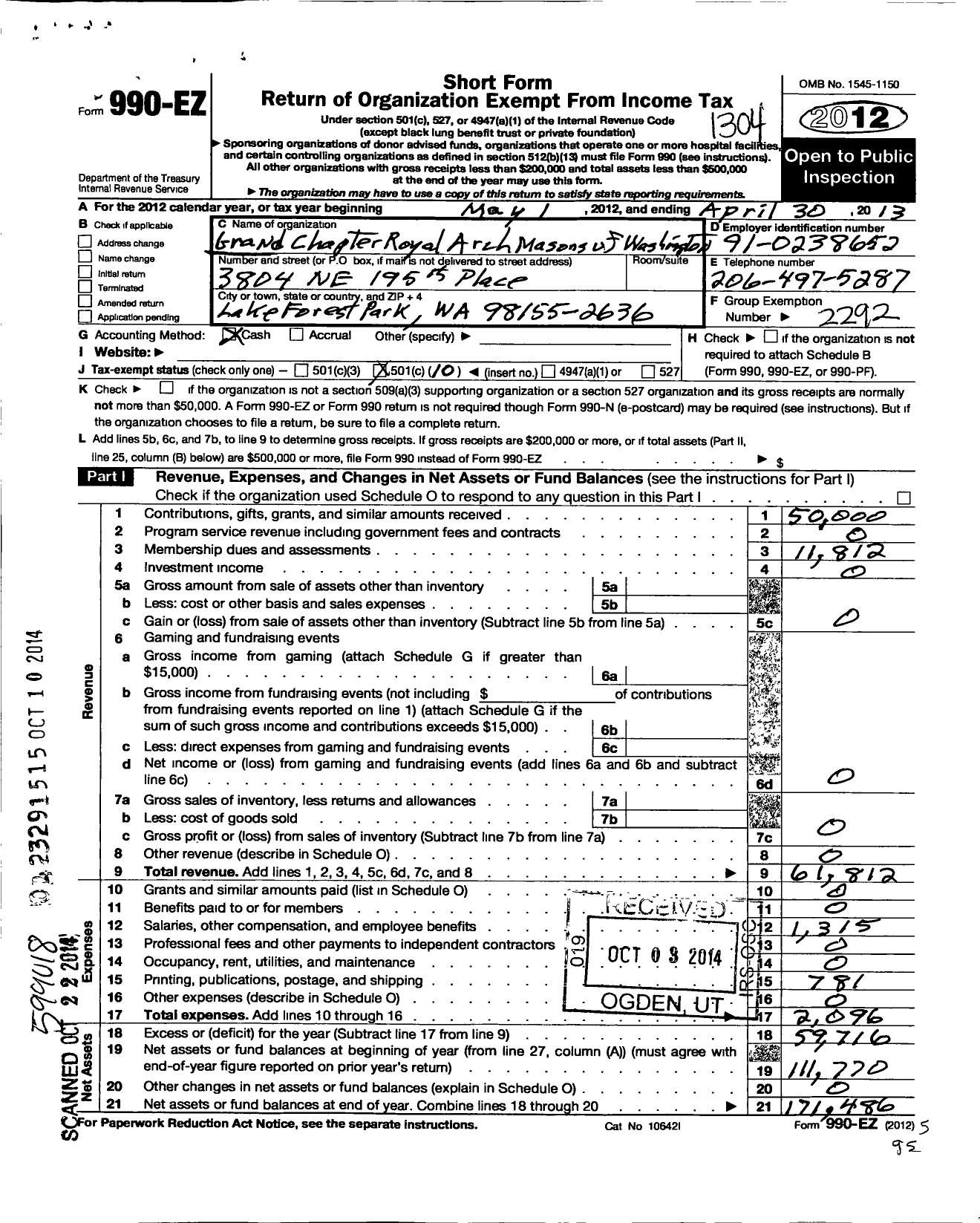 Image of first page of 2012 Form 990EO for Grand Chapter Royal Arch Masons of Washington