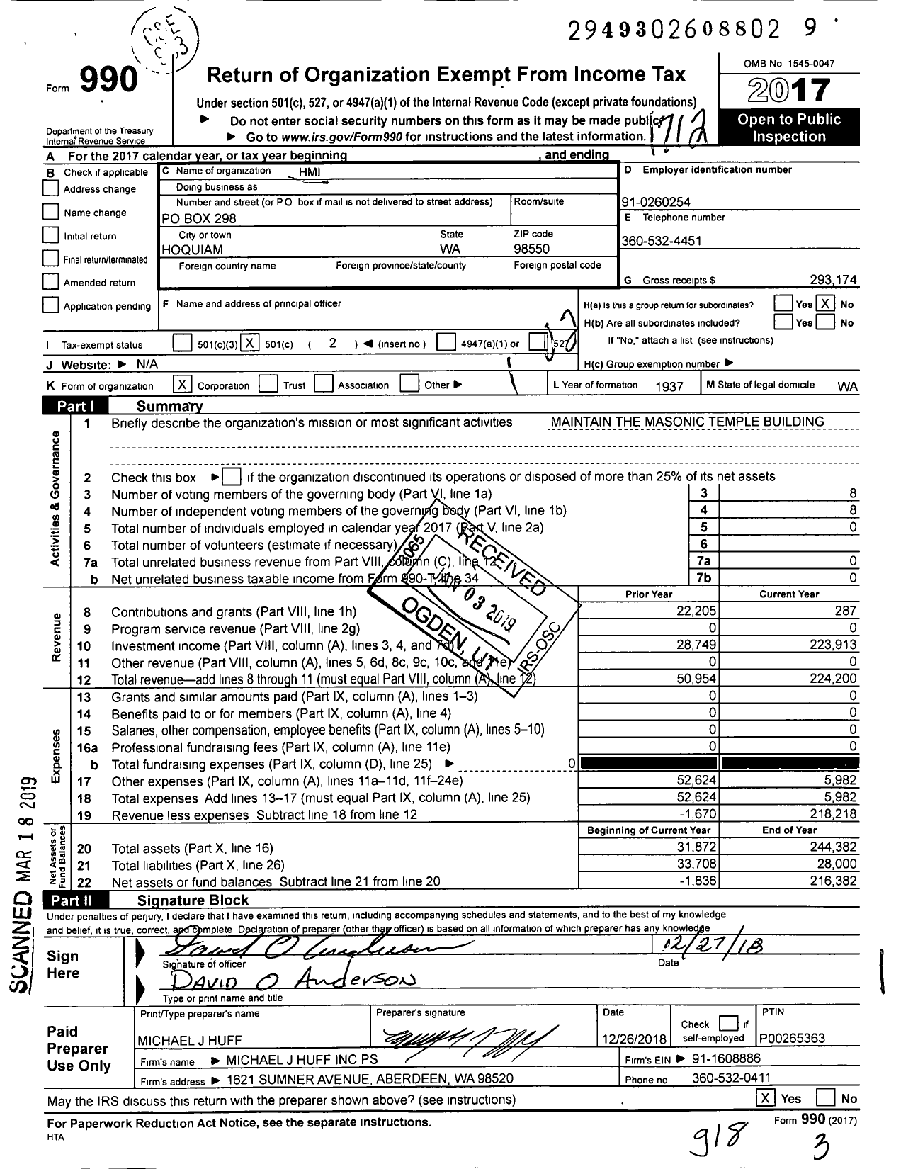 Image of first page of 2017 Form 990O for Hoquiam Masonry (HMI)