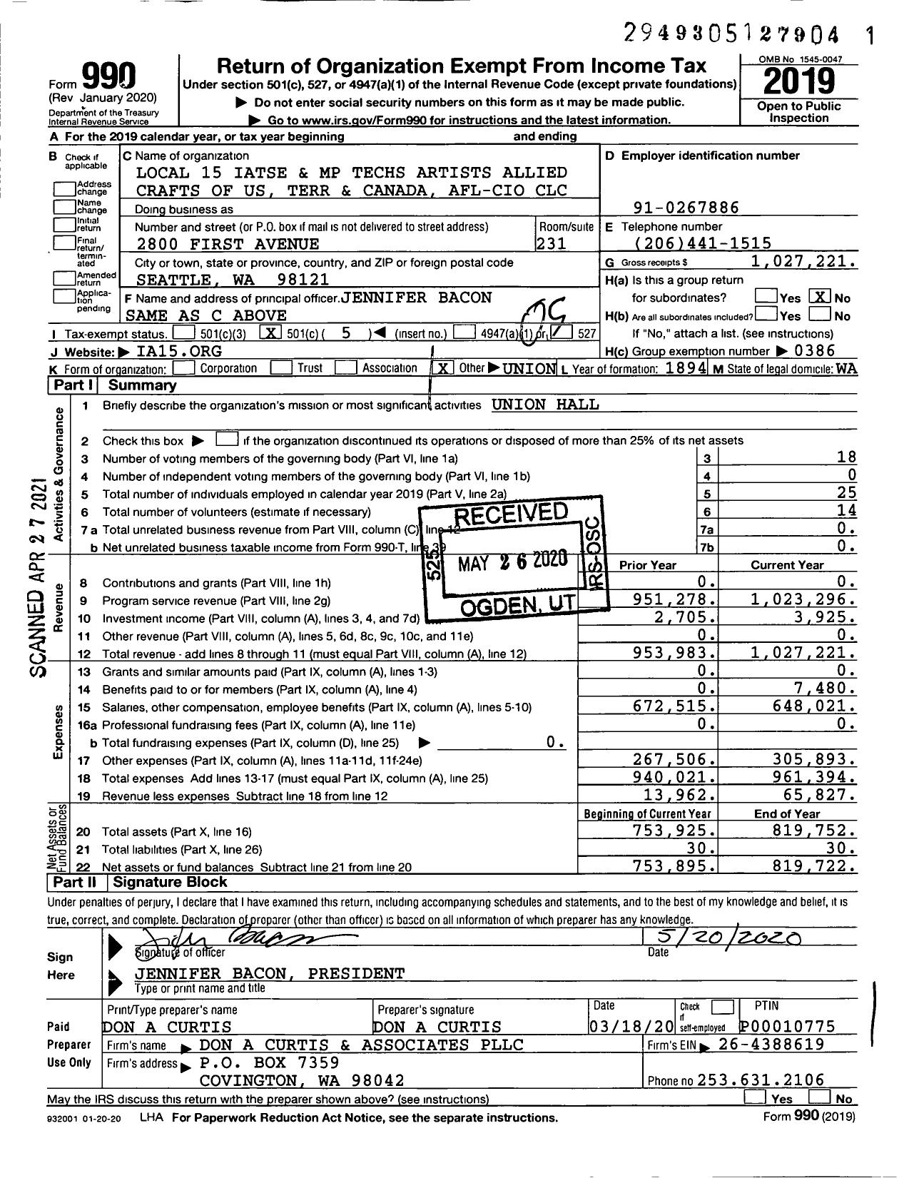 Image of first page of 2019 Form 990O for International Alliance of Theatrical Stage Employees - 15 Local