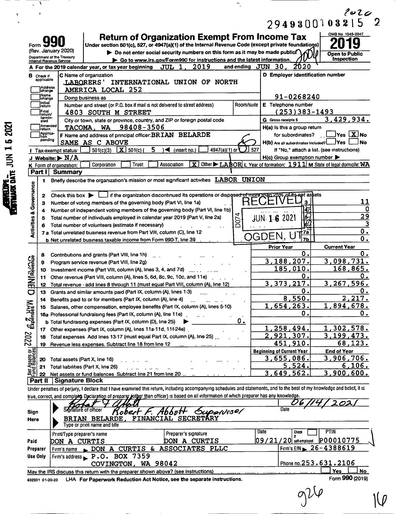 Image of first page of 2019 Form 990O for Laborers' International Union of North America - 252 Local Union