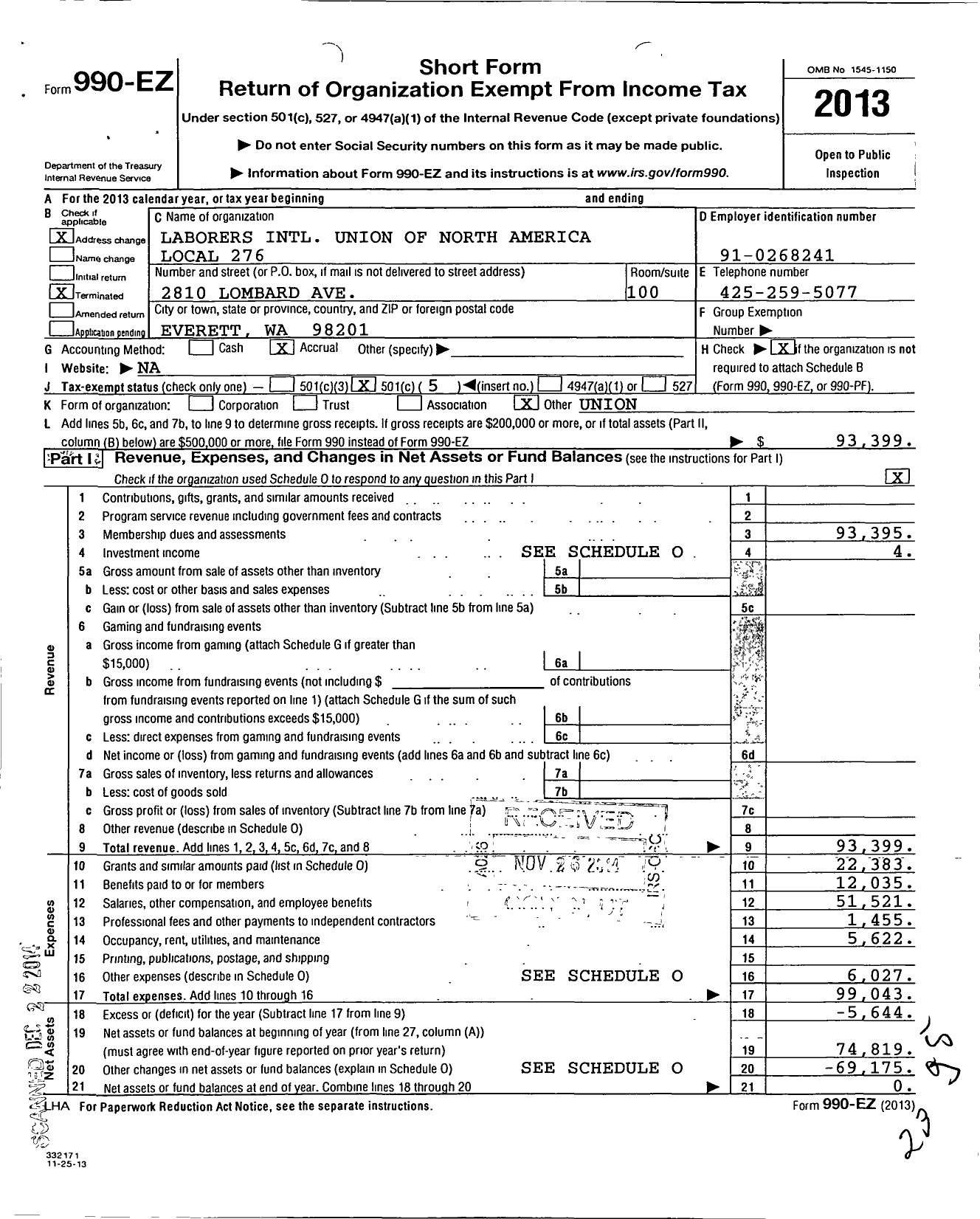 Image of first page of 2013 Form 990EO for Laborers' International Union of North America - 276 HCL