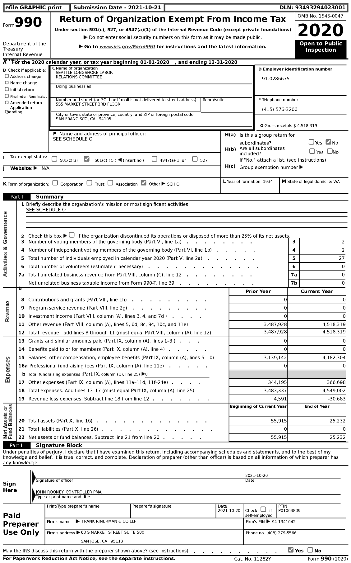Image of first page of 2020 Form 990 for Seattle Longshore Labor Relations Committee