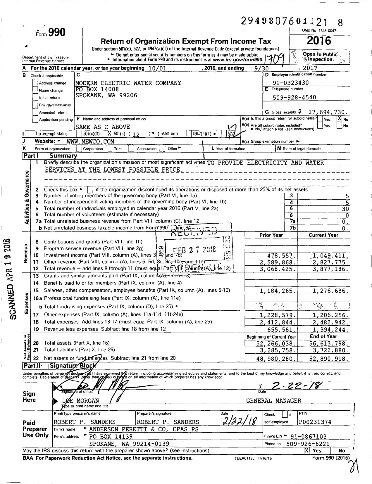 Image of first page of 2016 Form 990O for Modern Electric Water Company