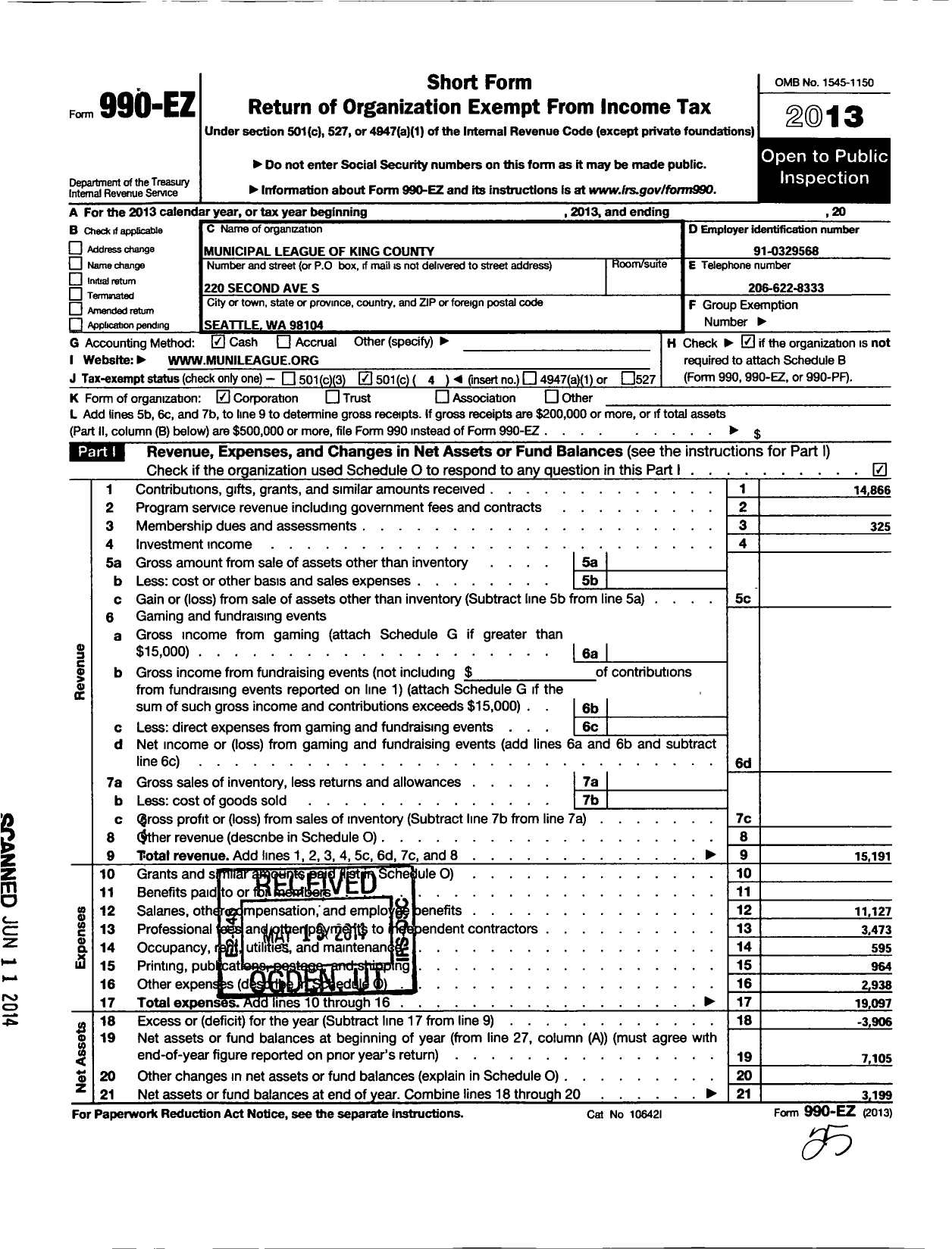 Image of first page of 2013 Form 990EO for Municipal League of King County