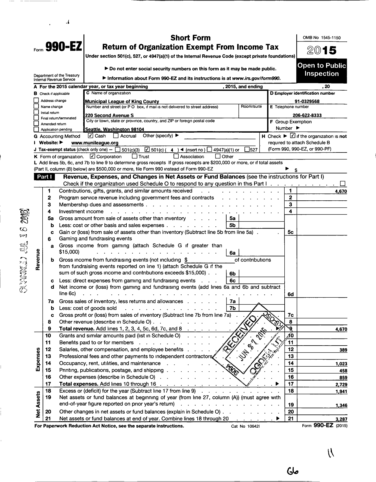 Image of first page of 2015 Form 990EO for Municipal League of King County