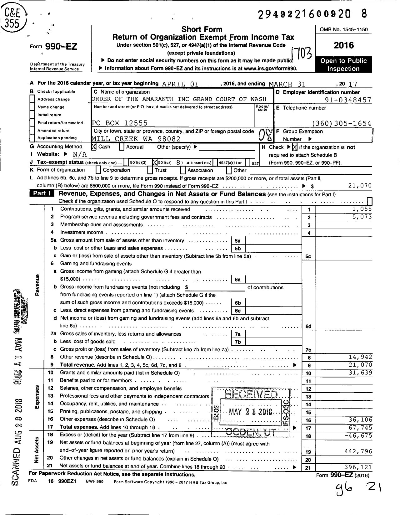 Image of first page of 2016 Form 990EO for Order of The Amaranth / GR CT Washington