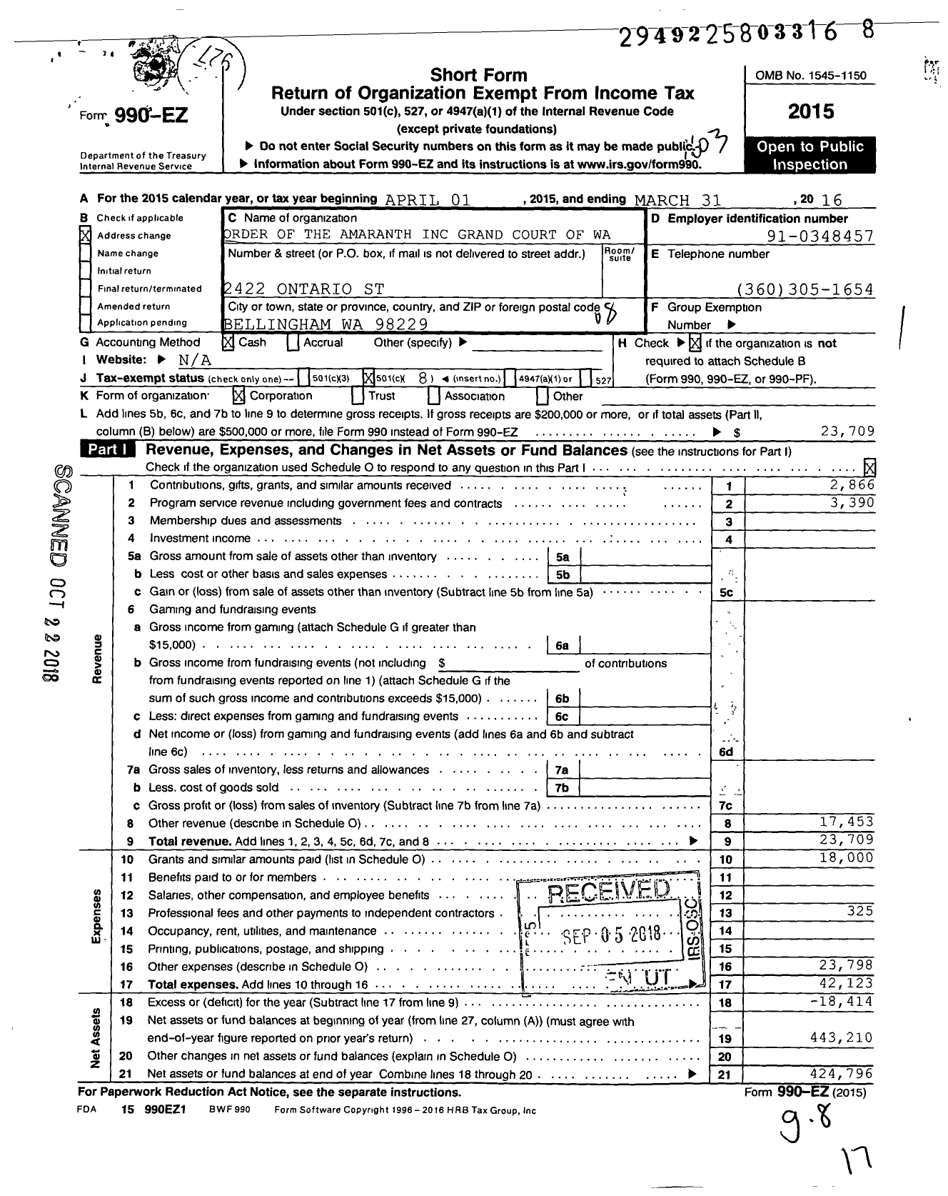 Image of first page of 2015 Form 990EO for Order of The Amaranth / GR CT Washington