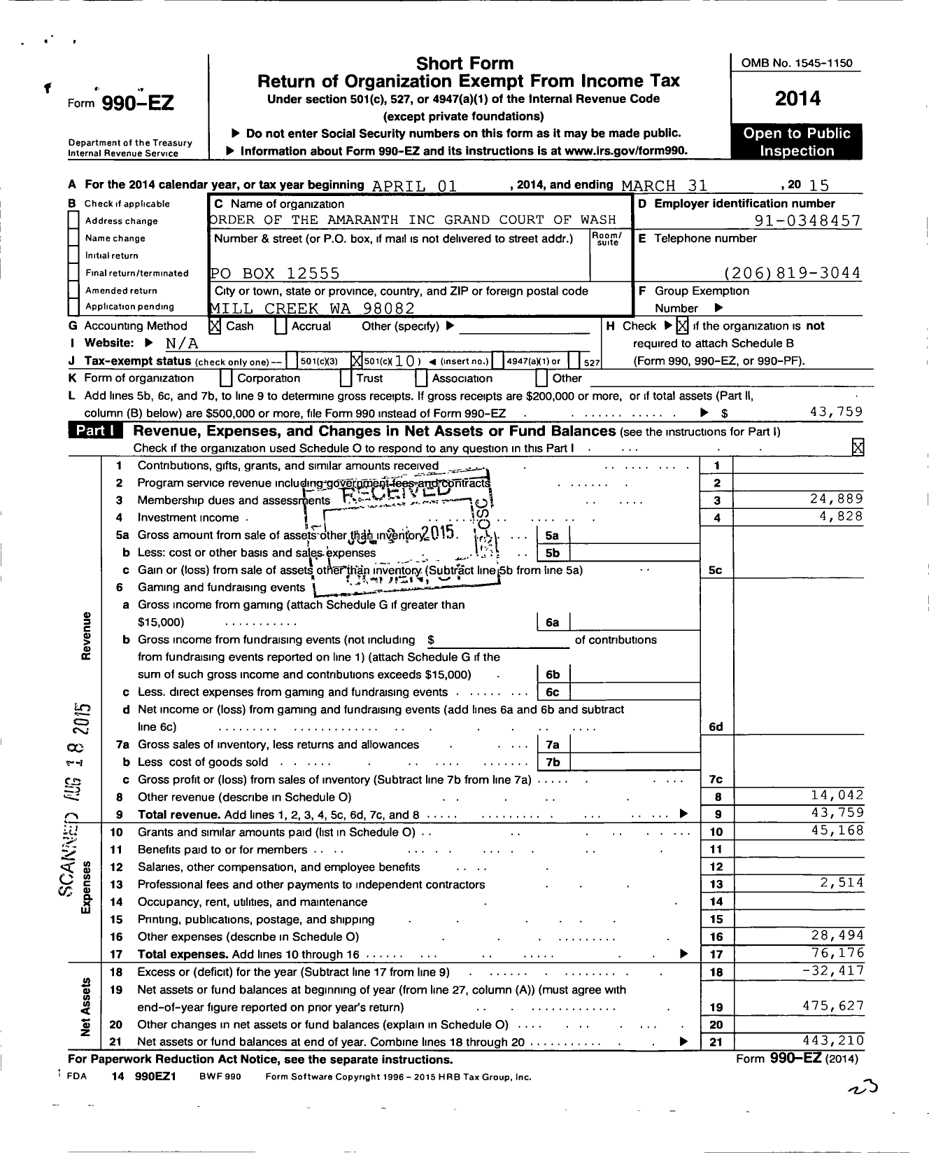 Image of first page of 2014 Form 990EO for Order of The Amaranth / GR CT Washington