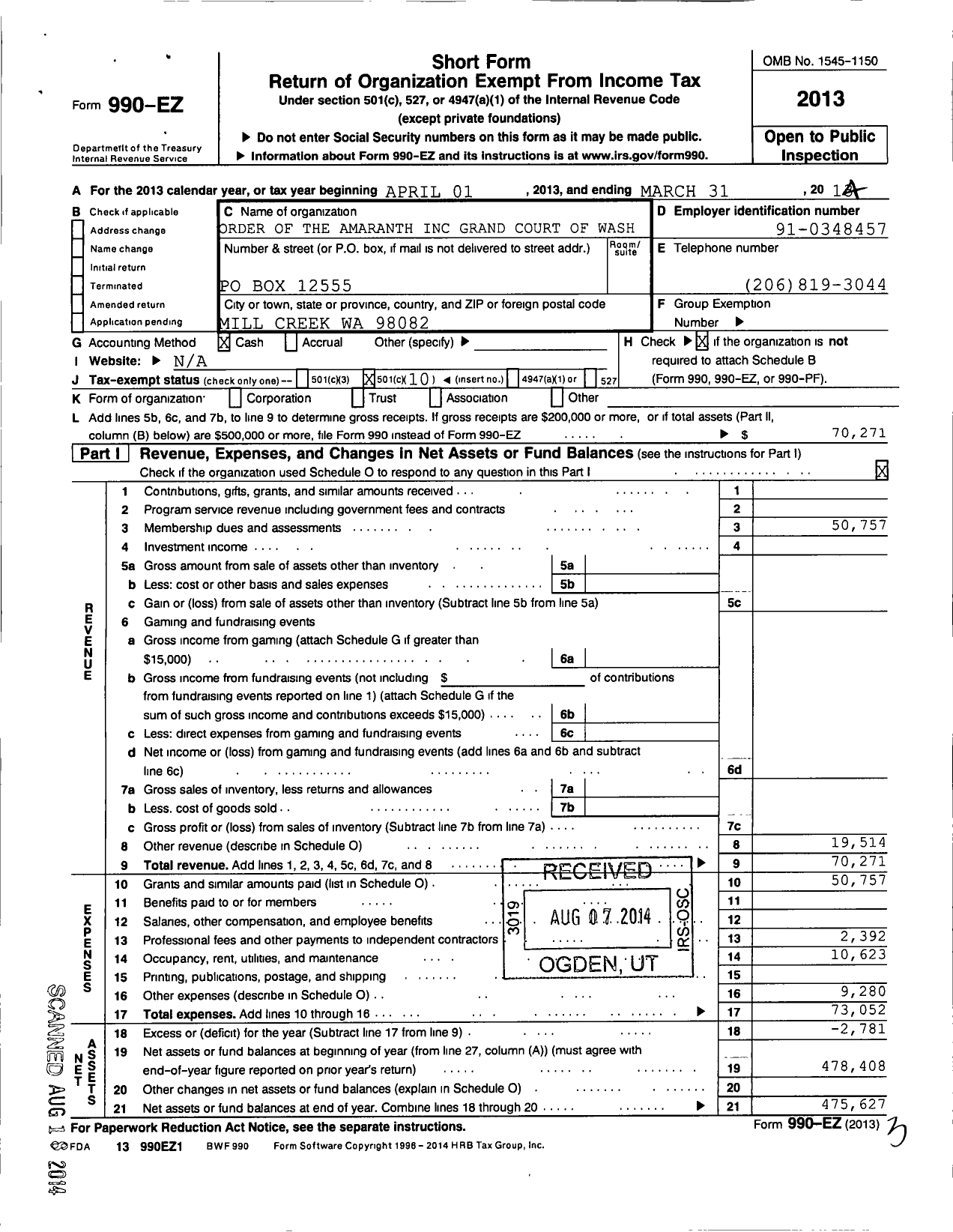 Image of first page of 2013 Form 990EO for Order of The Amaranth / GR CT Washington