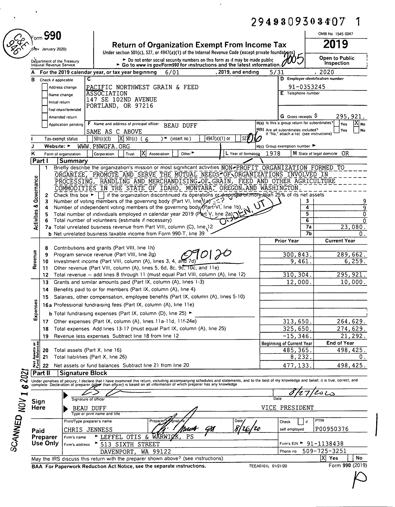 Image of first page of 2019 Form 990O for Pacific Northwest Grain&feed and Feed Association