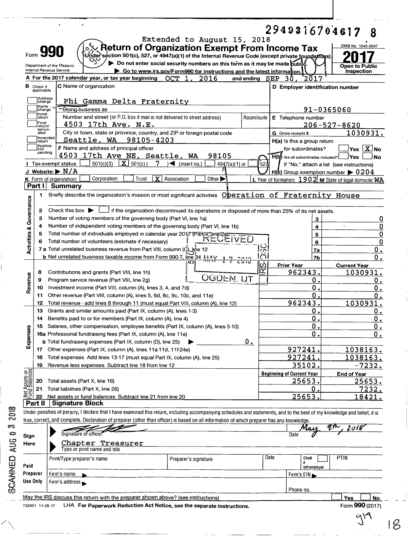 Image of first page of 2016 Form 990O for Phi Gamma Delta Fraternity - Sigma Tau Chapter