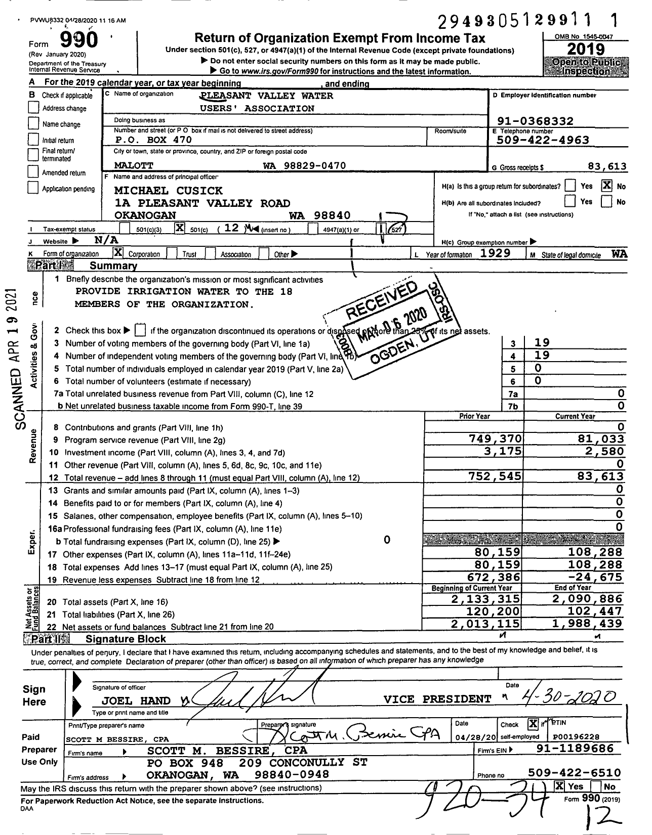 Image of first page of 2019 Form 990O for Pleasant Valley Water Users' Association