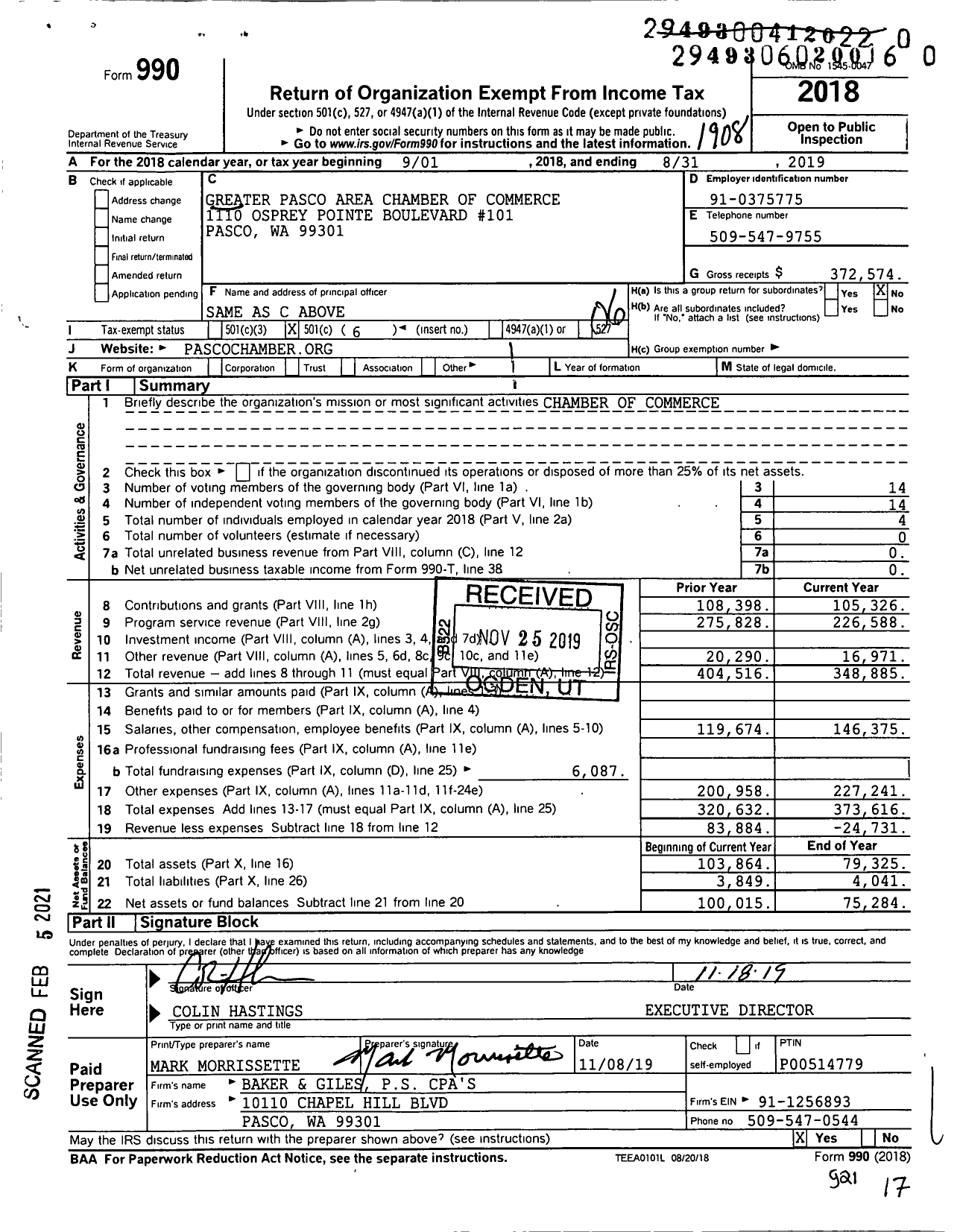 Image of first page of 2018 Form 990O for Greater Pasco Area Chamber of Commerce