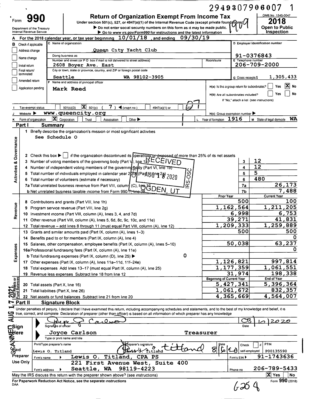 Image of first page of 2018 Form 990O for Queen City Yacht Club