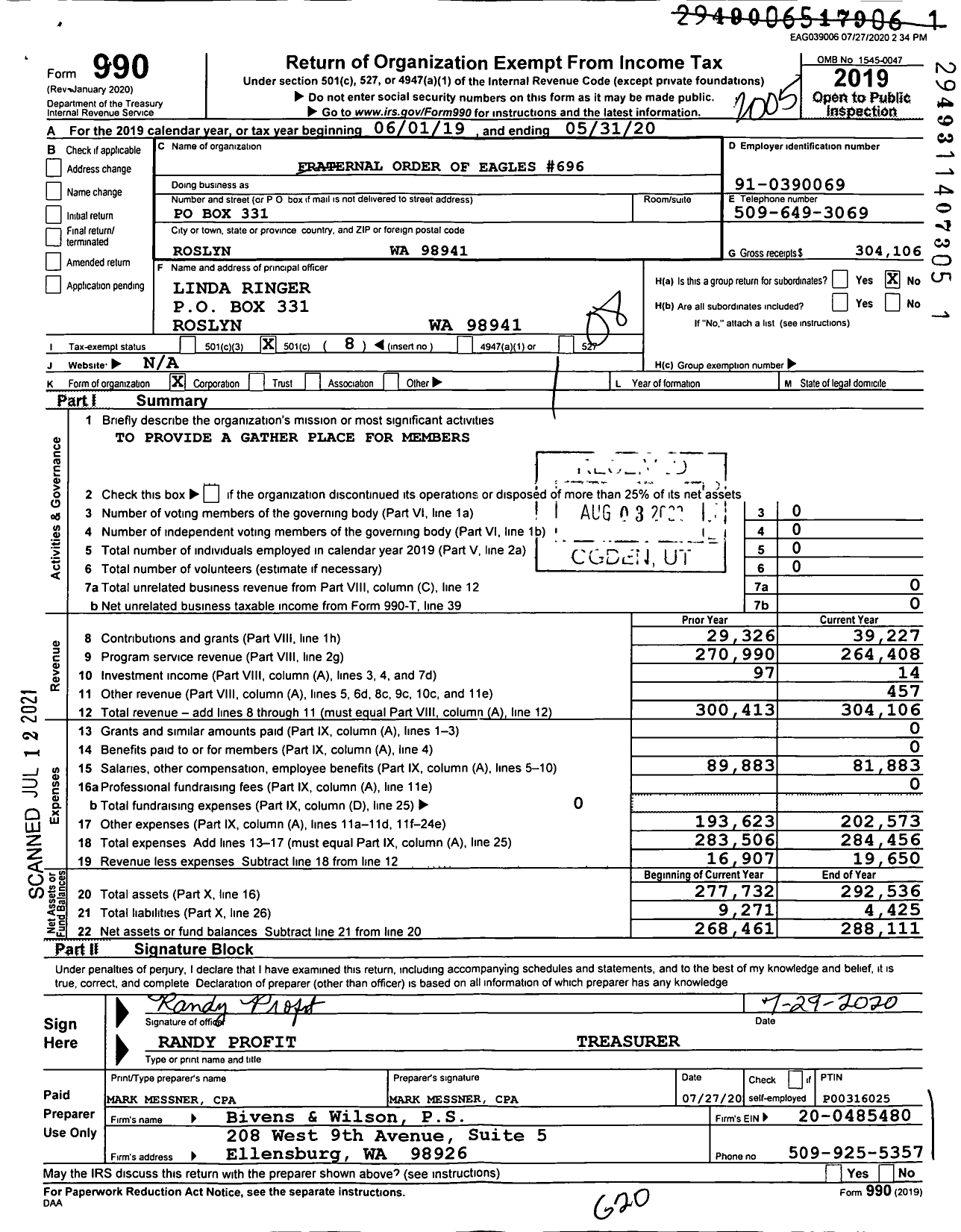 Image of first page of 2019 Form 990O for Fraternal Order of Eagles - 696 Aerie