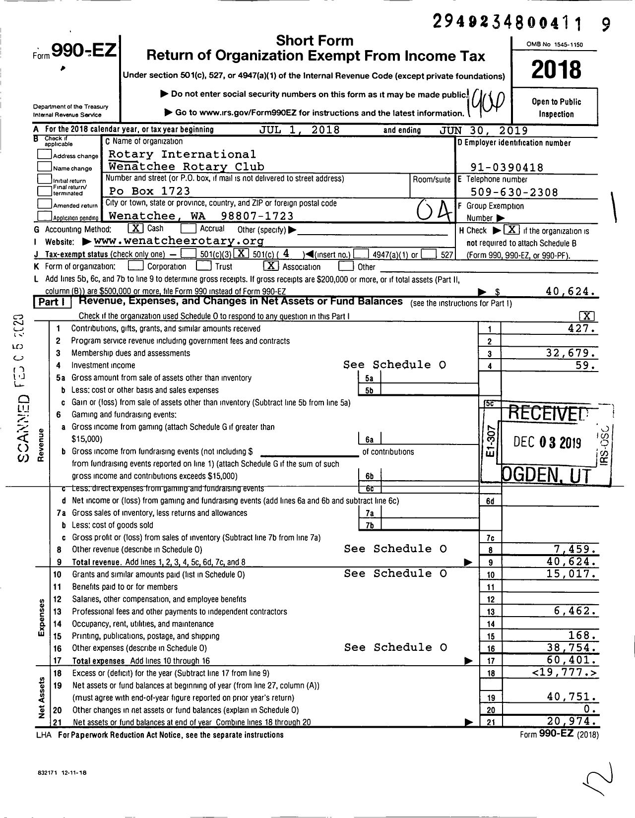 Image of first page of 2018 Form 990EO for Rotary International - Wenatchee Rotary Club