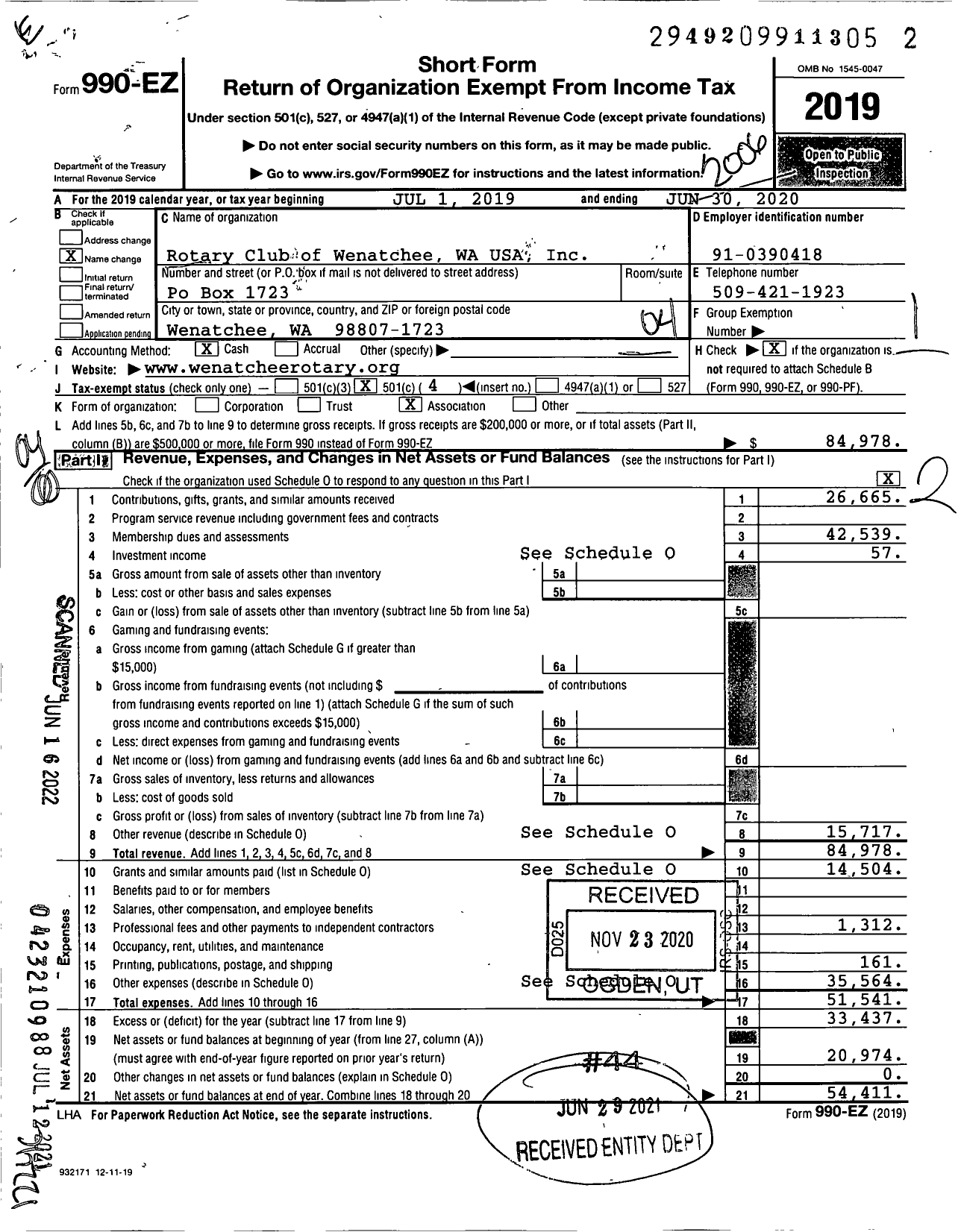 Image of first page of 2019 Form 990EO for Rotary International - Wenatchee Rotary Club