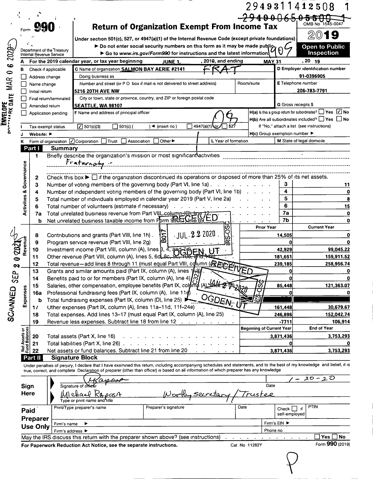 Image of first page of 2018 Form 990O for FRATERNAL ORDER OF EAGLES - 2141 Aerie