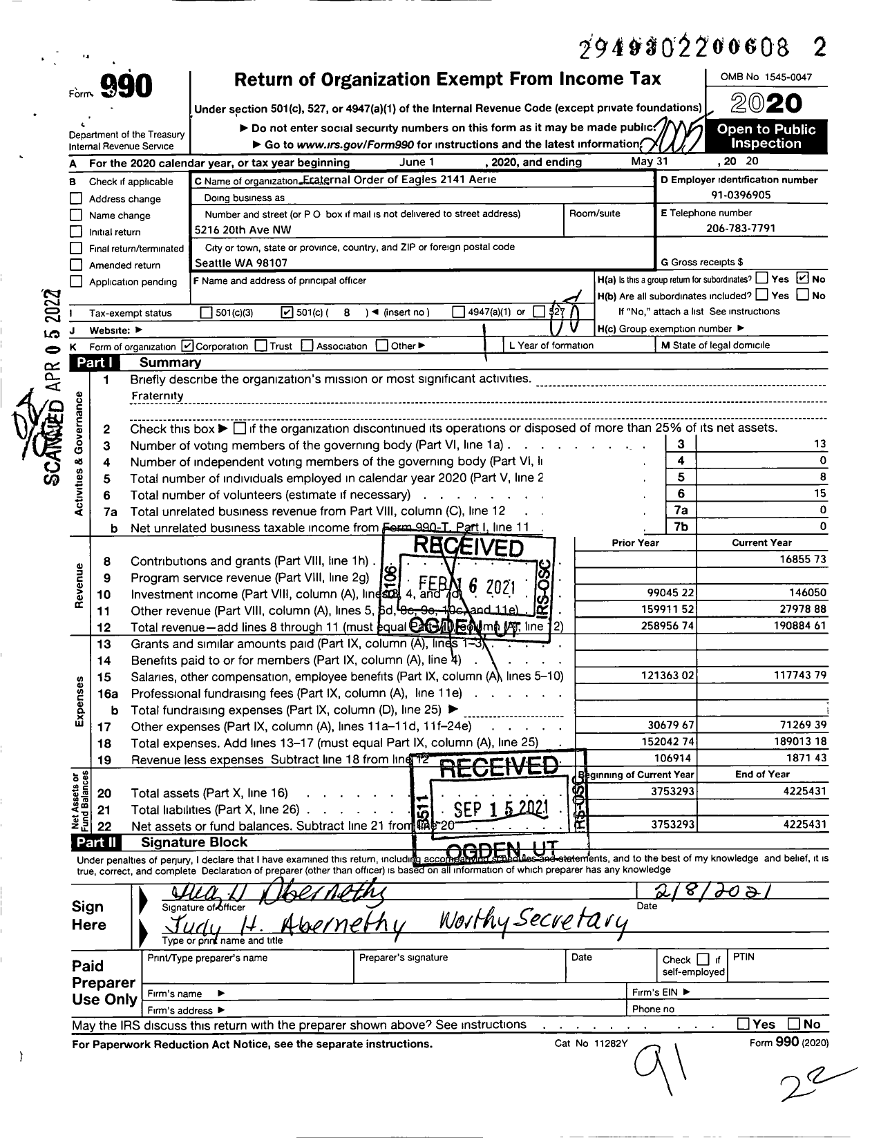 Image of first page of 2019 Form 990O for FRATERNAL ORDER OF EAGLES - 2141 Aerie