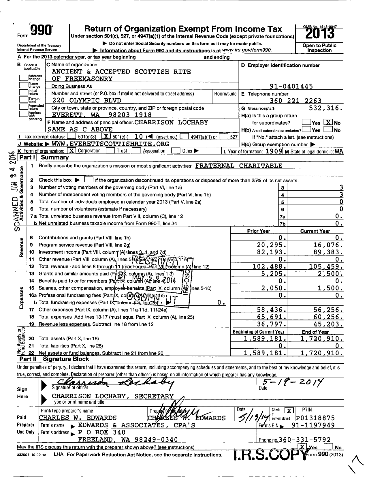 Image of first page of 2013 Form 990O for Scottish Rite of Freemasonry Southern Jurisdiction - Valley of Everett & Its Coord Bodie