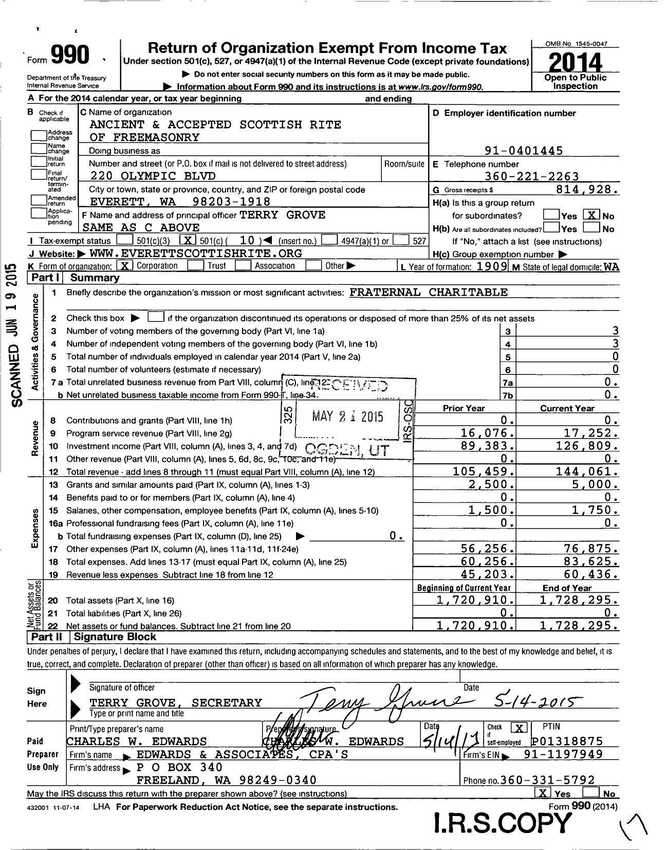 Image of first page of 2014 Form 990O for Scottish Rite of Freemasonry Southern Jurisdiction - Valley of Everett & Its Coord Bodie