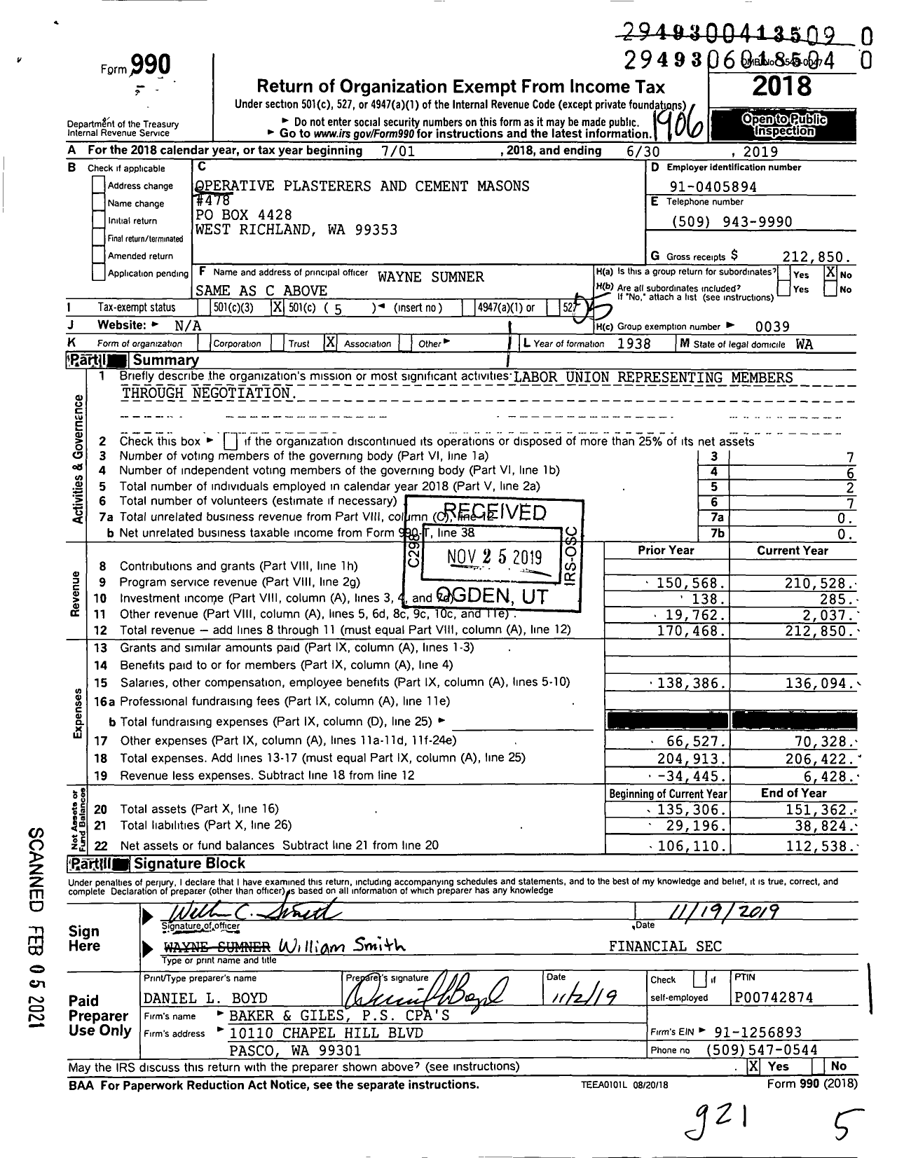 Image of first page of 2018 Form 990O for Operative Plasterers' and Cement Masons' International Association - 478 PCM