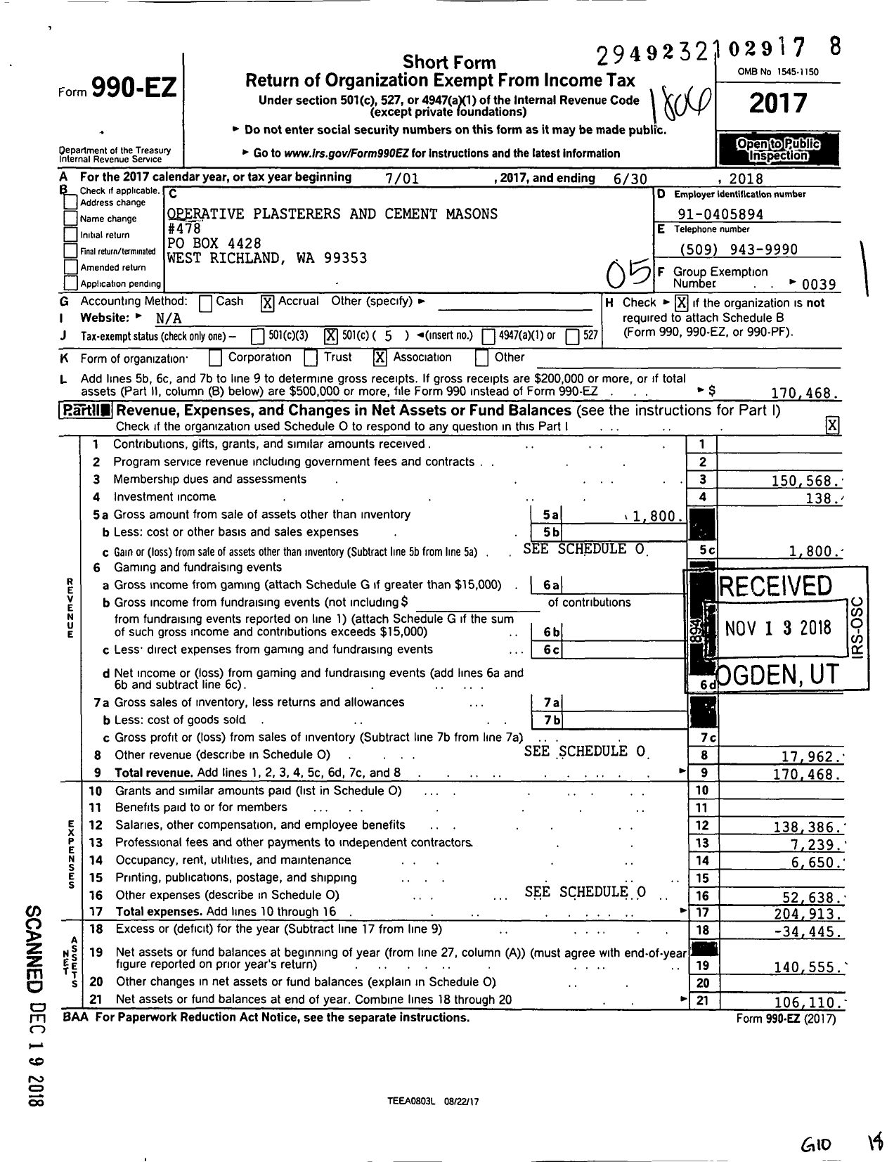 Image of first page of 2017 Form 990EO for Operative Plasterers' and Cement Masons' International Association - 478 PCM