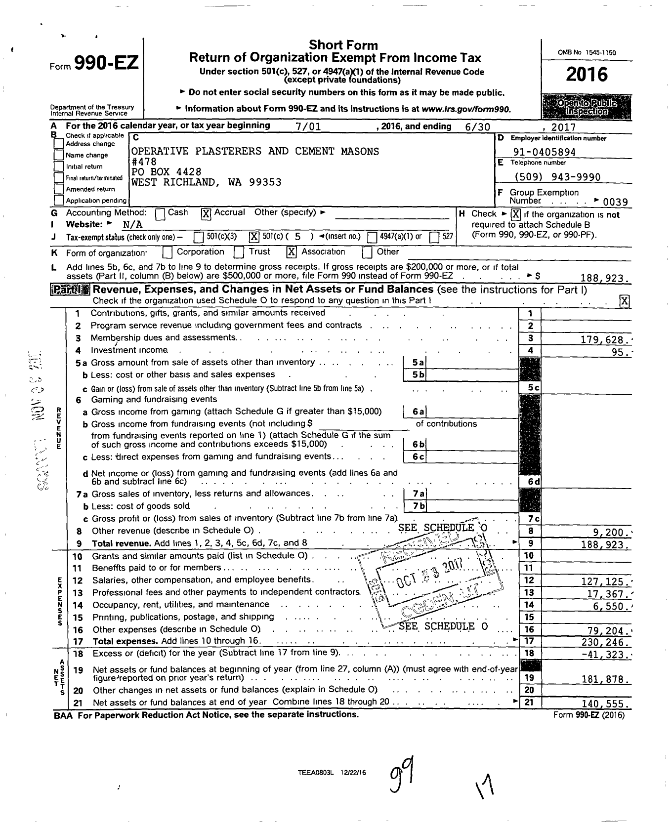 Image of first page of 2016 Form 990EO for Operative Plasterers' and Cement Masons' International Association - 478 PCM