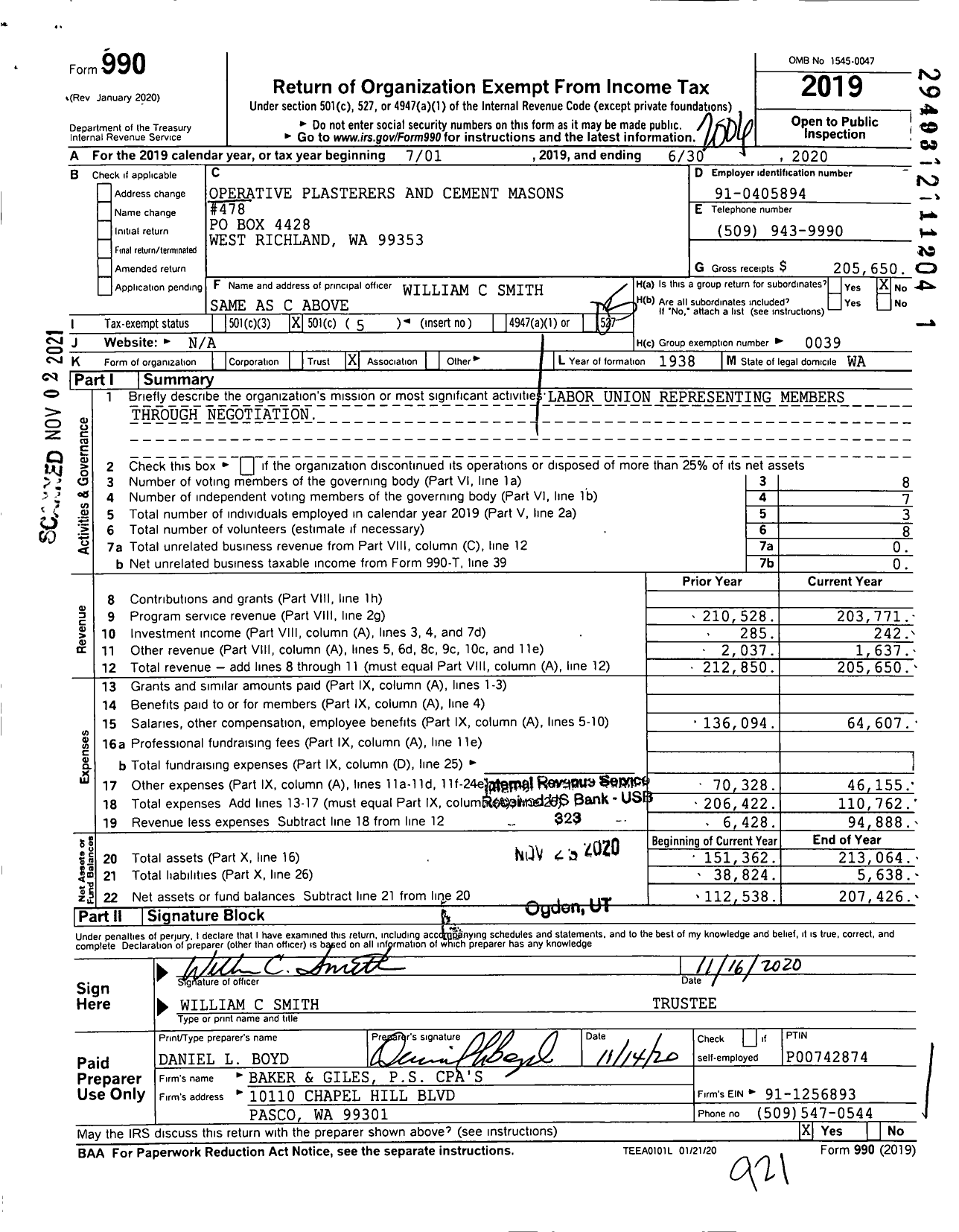 Image of first page of 2019 Form 990O for Operative Plasterers' and Cement Masons' International Association - 478 PCM