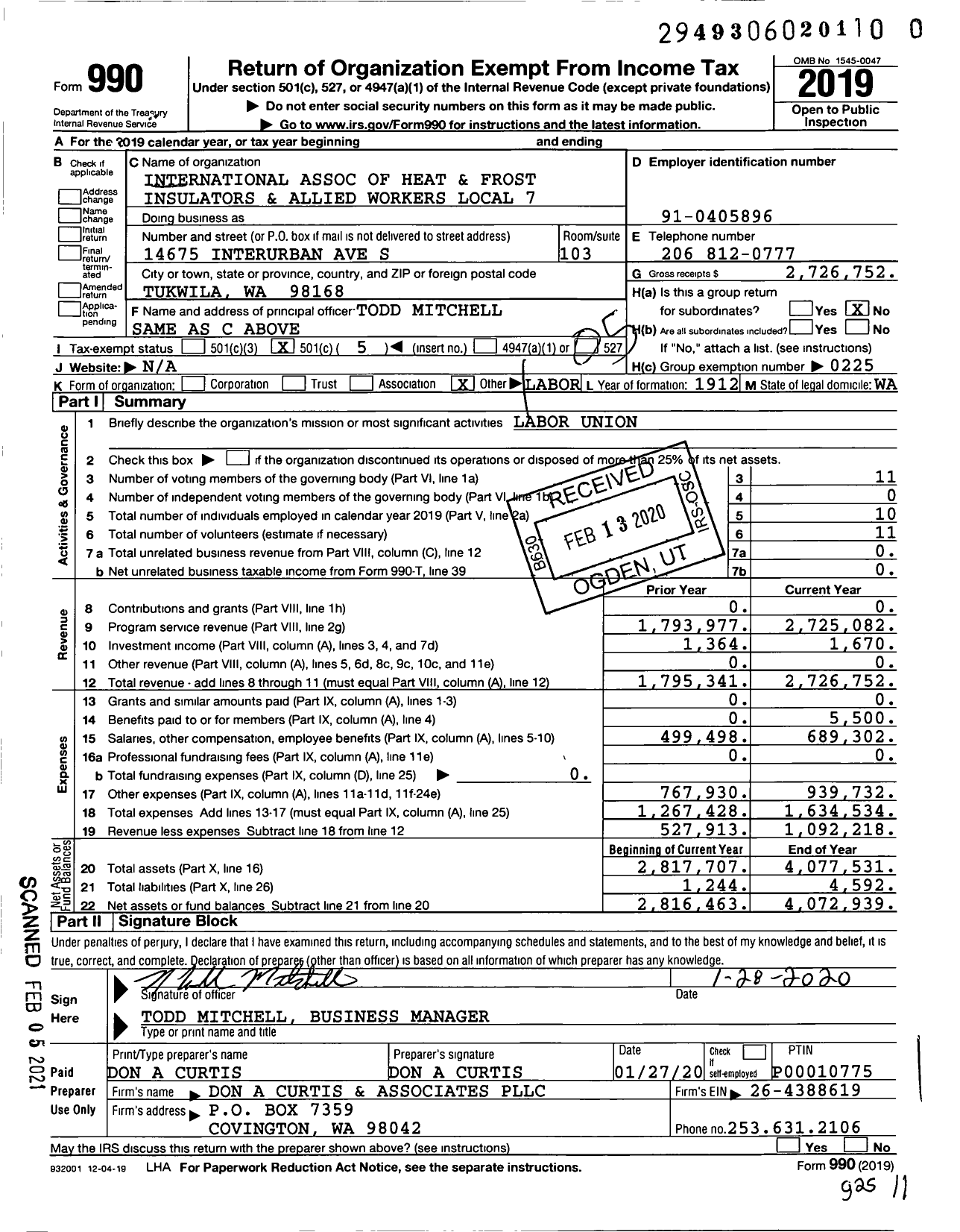 Image of first page of 2019 Form 990O for International Association of Heat and Frost Insulators and Allied Workers - 7 Awia