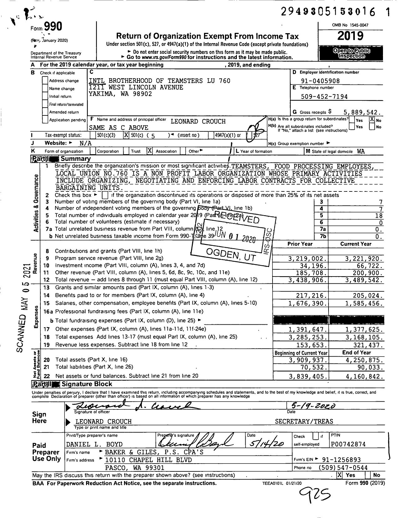 Image of first page of 2019 Form 990O for Teamsters - 760 TCWH