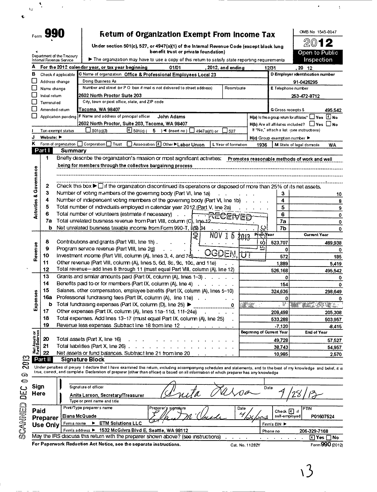 Image of first page of 2012 Form 990O for Office and Professional Employees International Union - 23 Opeiu