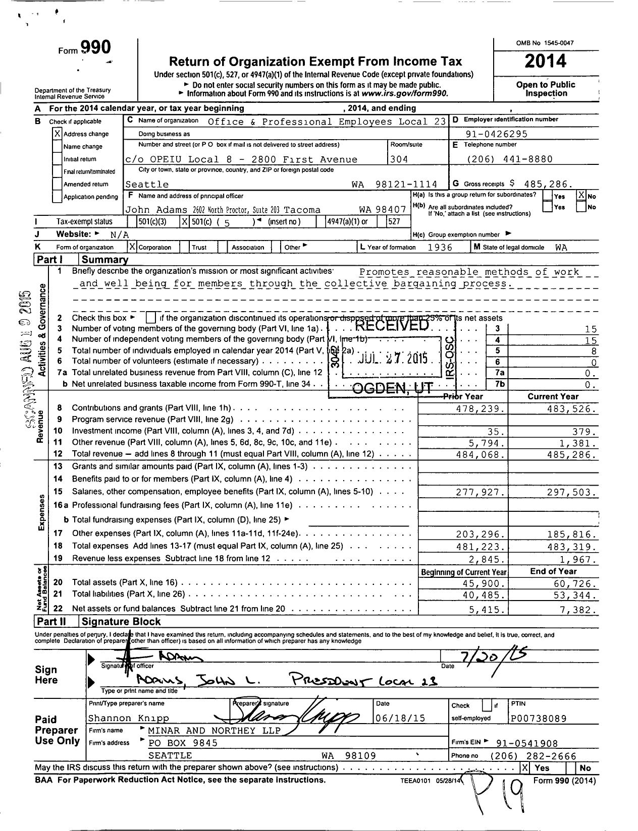 Image of first page of 2014 Form 990O for Office and Professional Employees International Union - 23 Opeiu