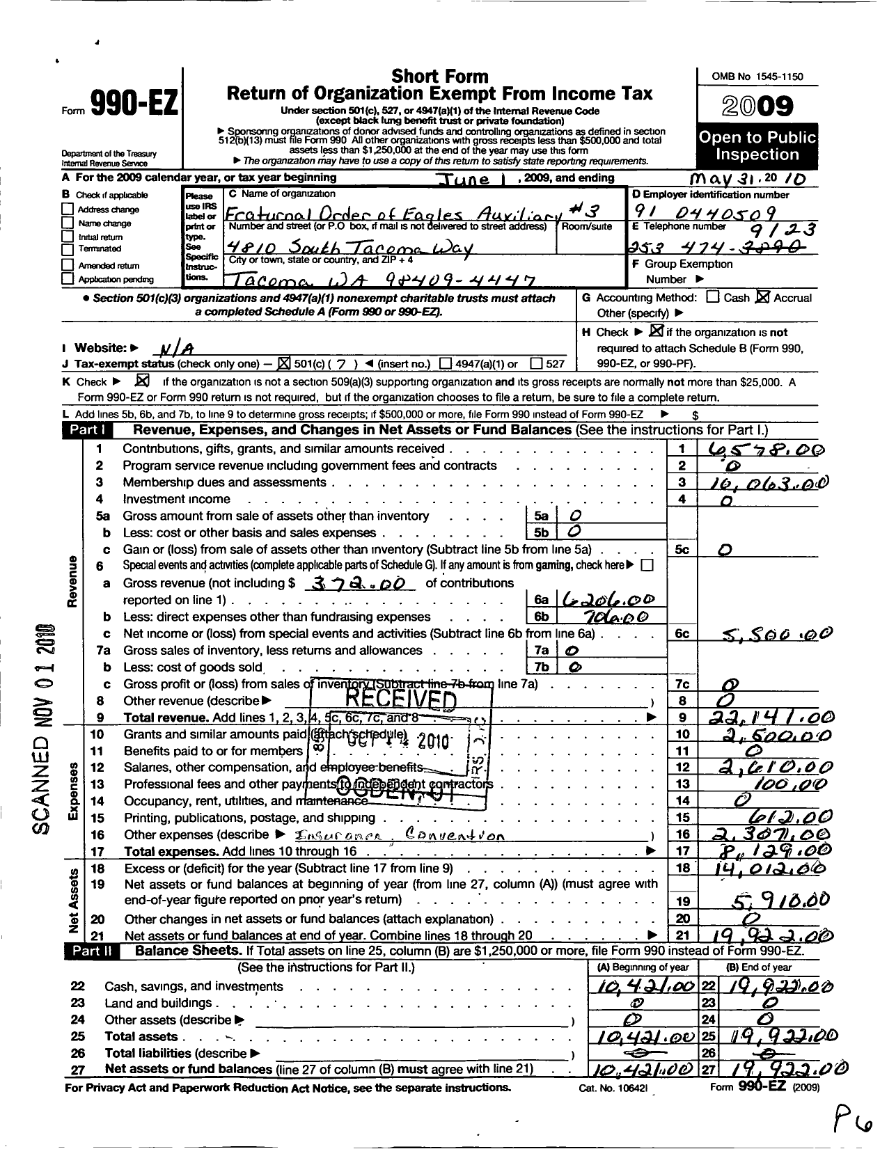 Image of first page of 2009 Form 990EO for Fraternal Order of Eagles - 3 Aux