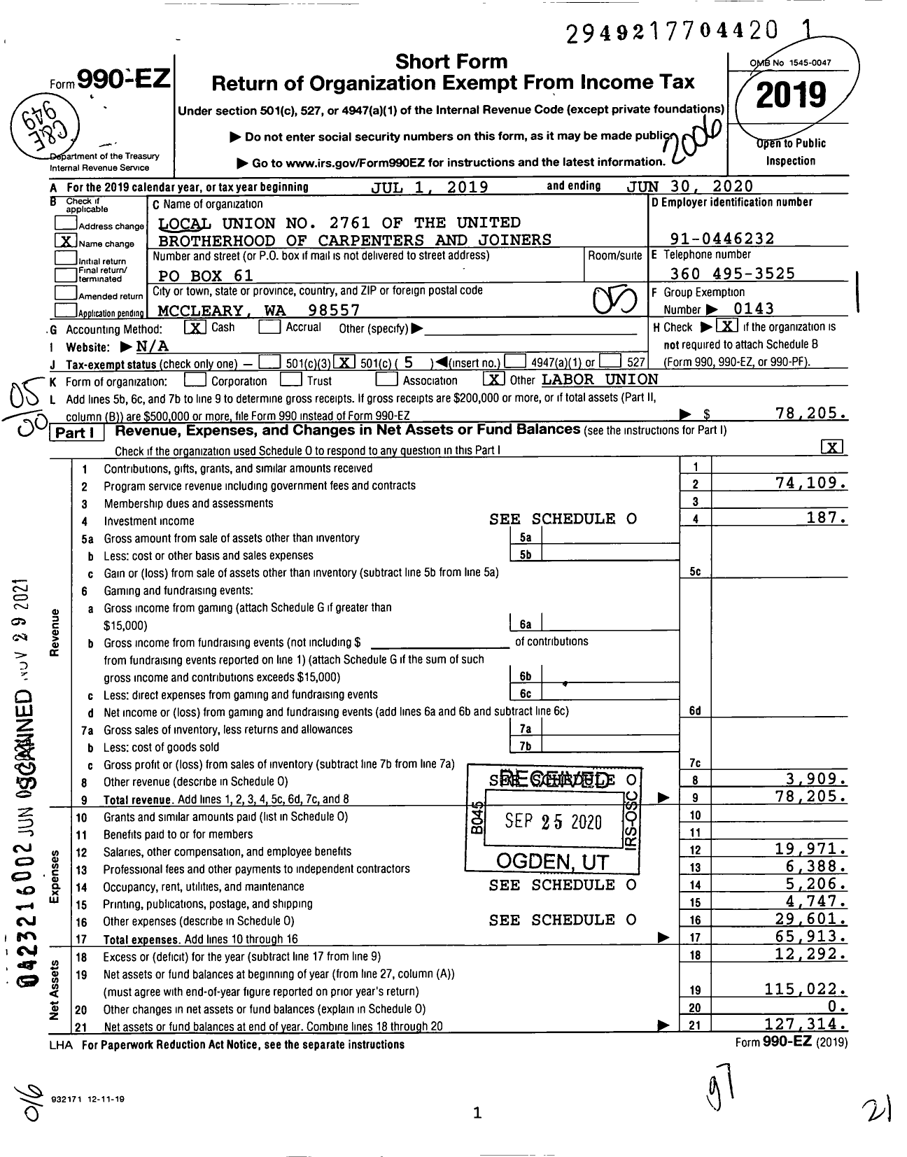 Image of first page of 2019 Form 990EO for United Brotherhood of Carpenters & Joiners - Local Union No 2761