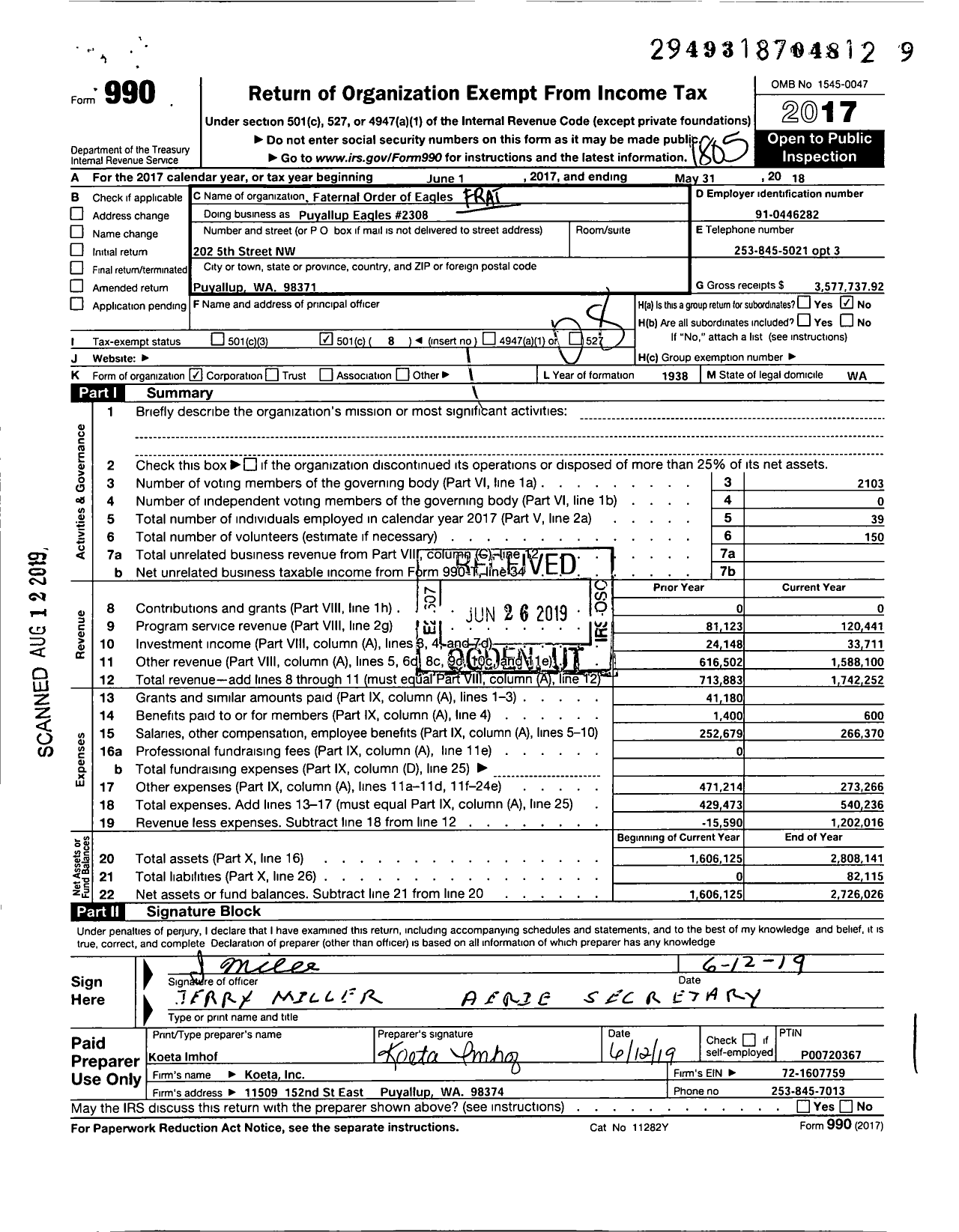 Image of first page of 2017 Form 990O for Fraternal Order of Eagles - Puyallup Eagles