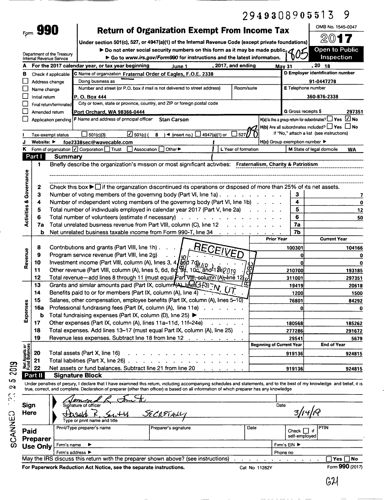 Image of first page of 2017 Form 990O for Fraternal Order of Eagles - 2338 Aerie