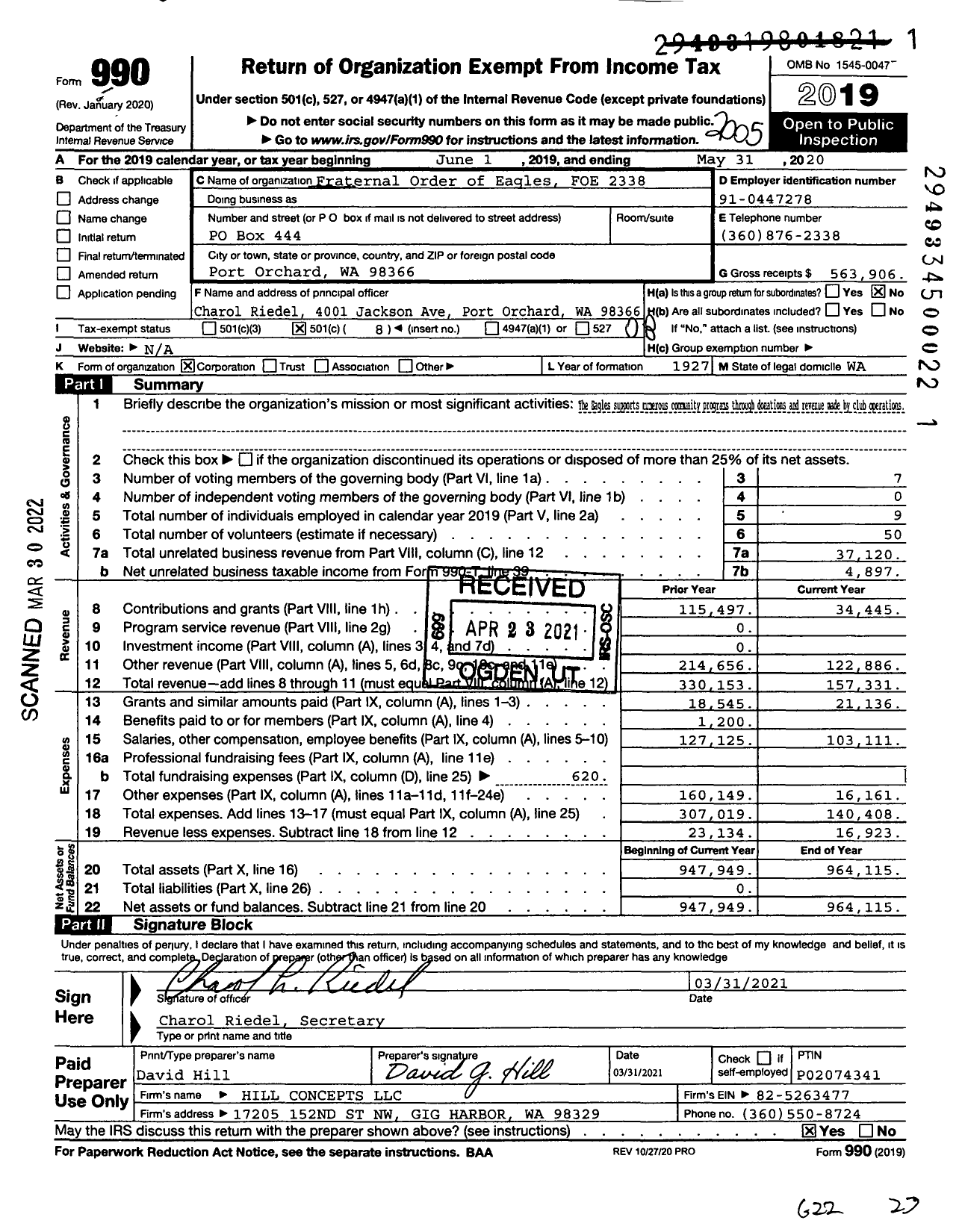 Image of first page of 2019 Form 990O for Fraternal Order of Eagles - 2338 Aerie