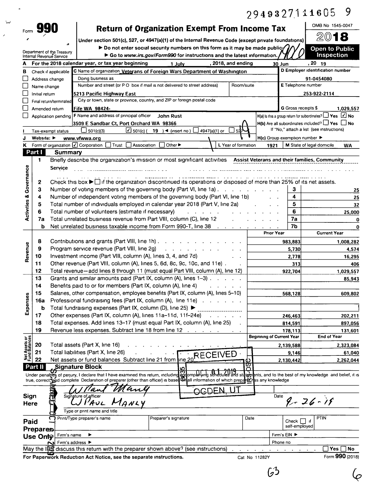 Image of first page of 2018 Form 990O for VFW Department of Washington - Veterans of Foreign Wars of the United States