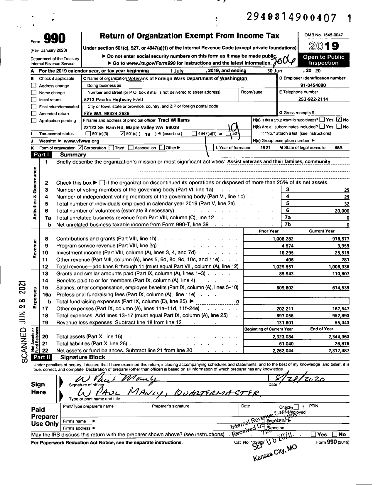 Image of first page of 2019 Form 990O for VFW Department of Washington - Veterans of Foreign Wars of the United States