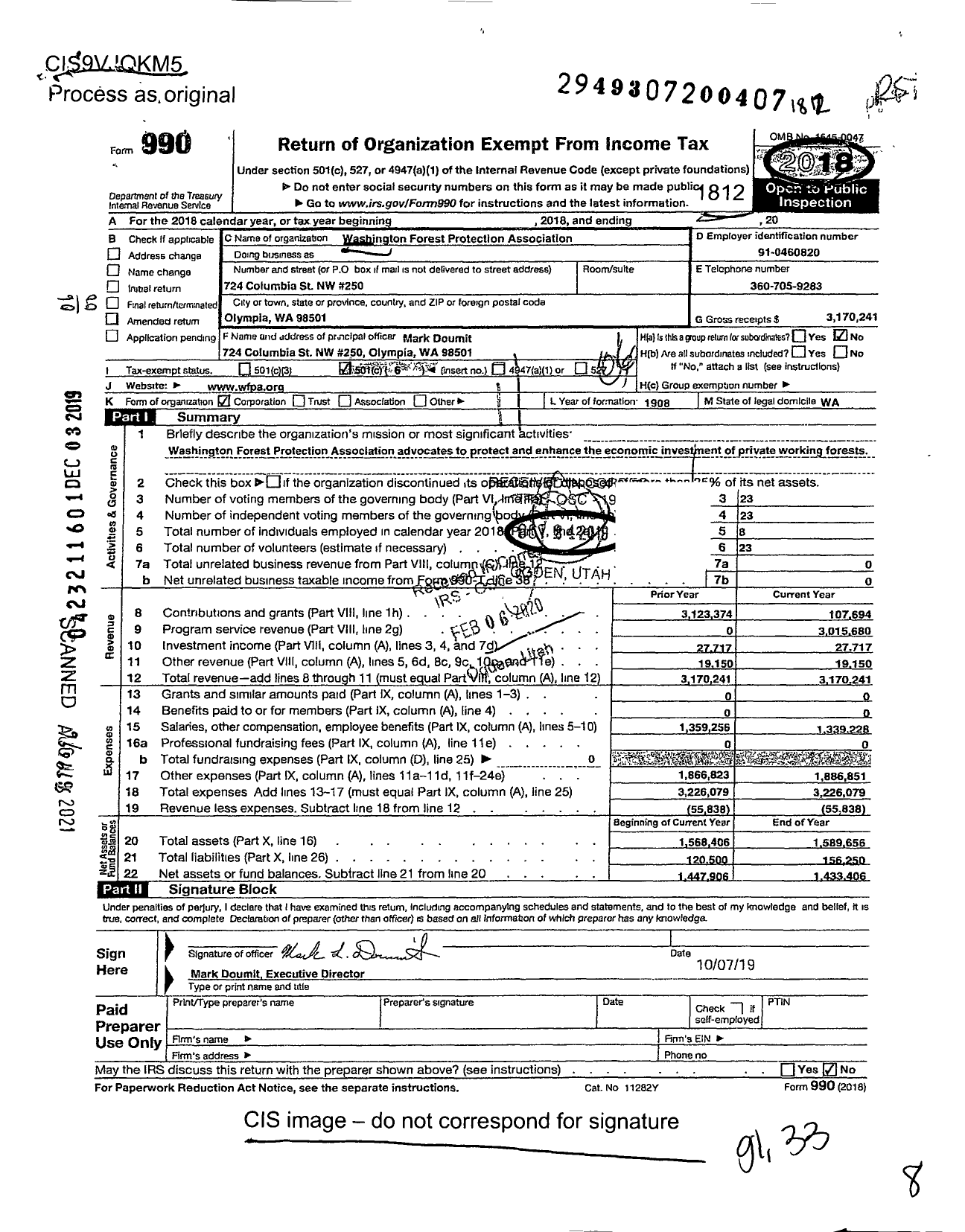 Image of first page of 2018 Form 990O for Washington Forest Protection Association (WFPA)