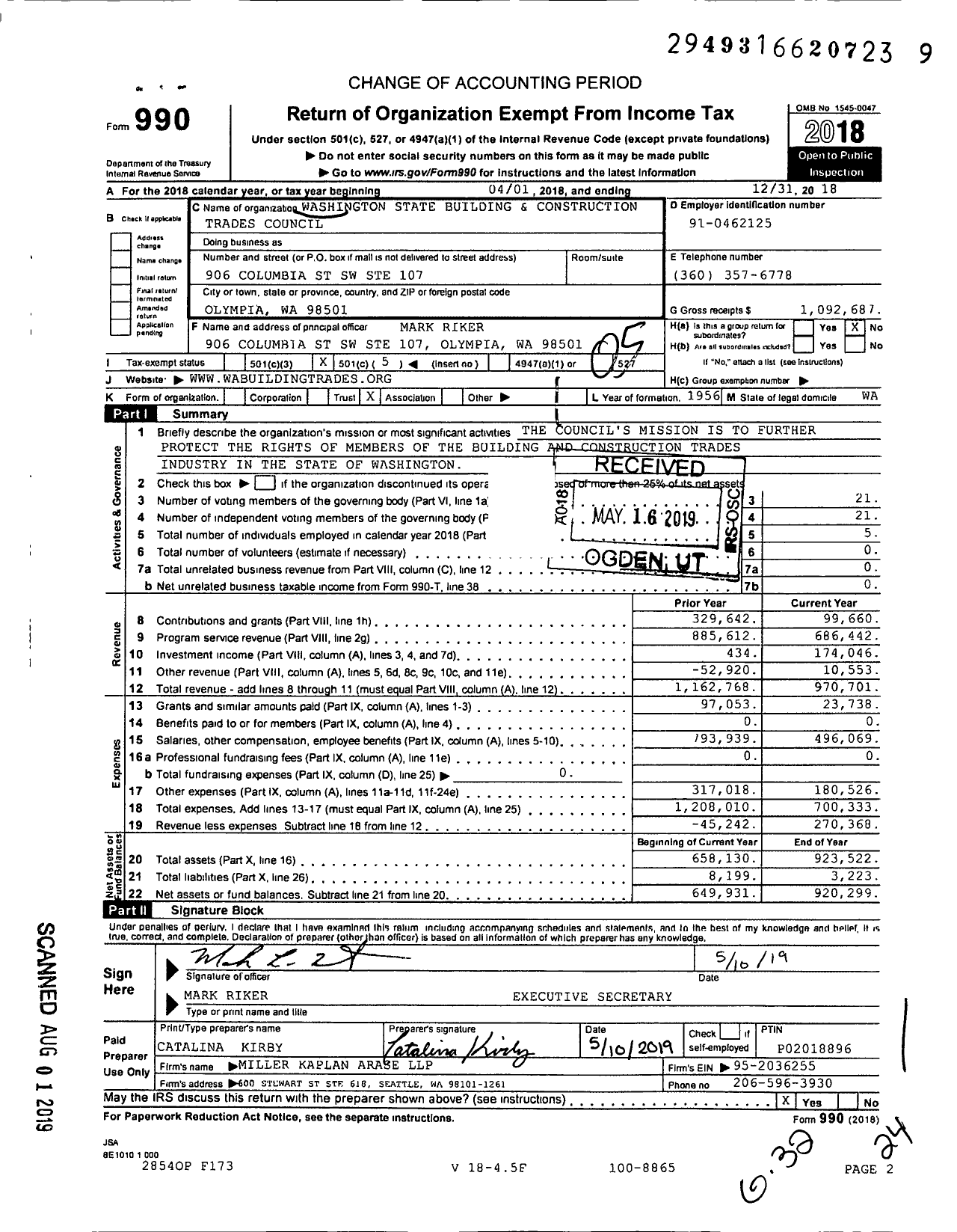 Image of first page of 2018 Form 990O for AFL-CIO - Washington State Bldg & Const Trade