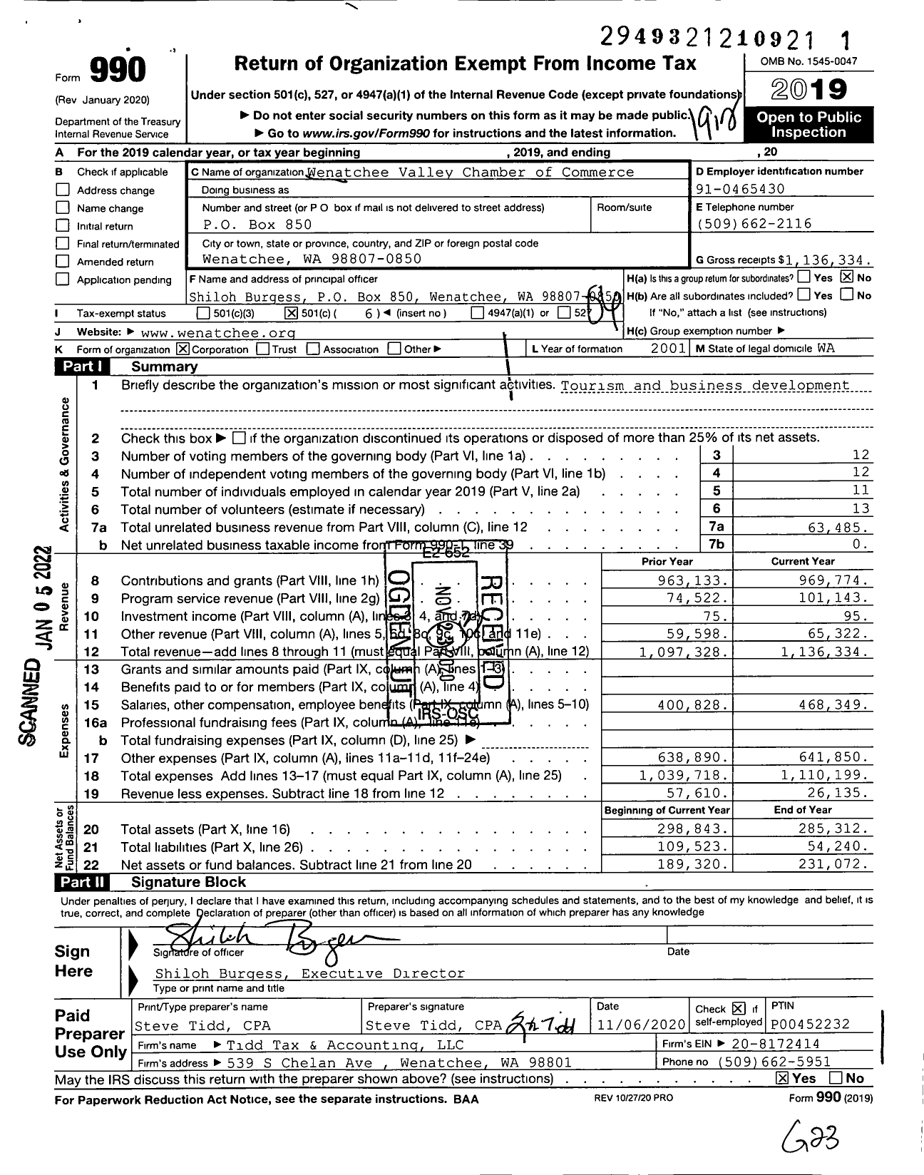 Image of first page of 2019 Form 990O for Wenatchee Valley Chamber of Commerce