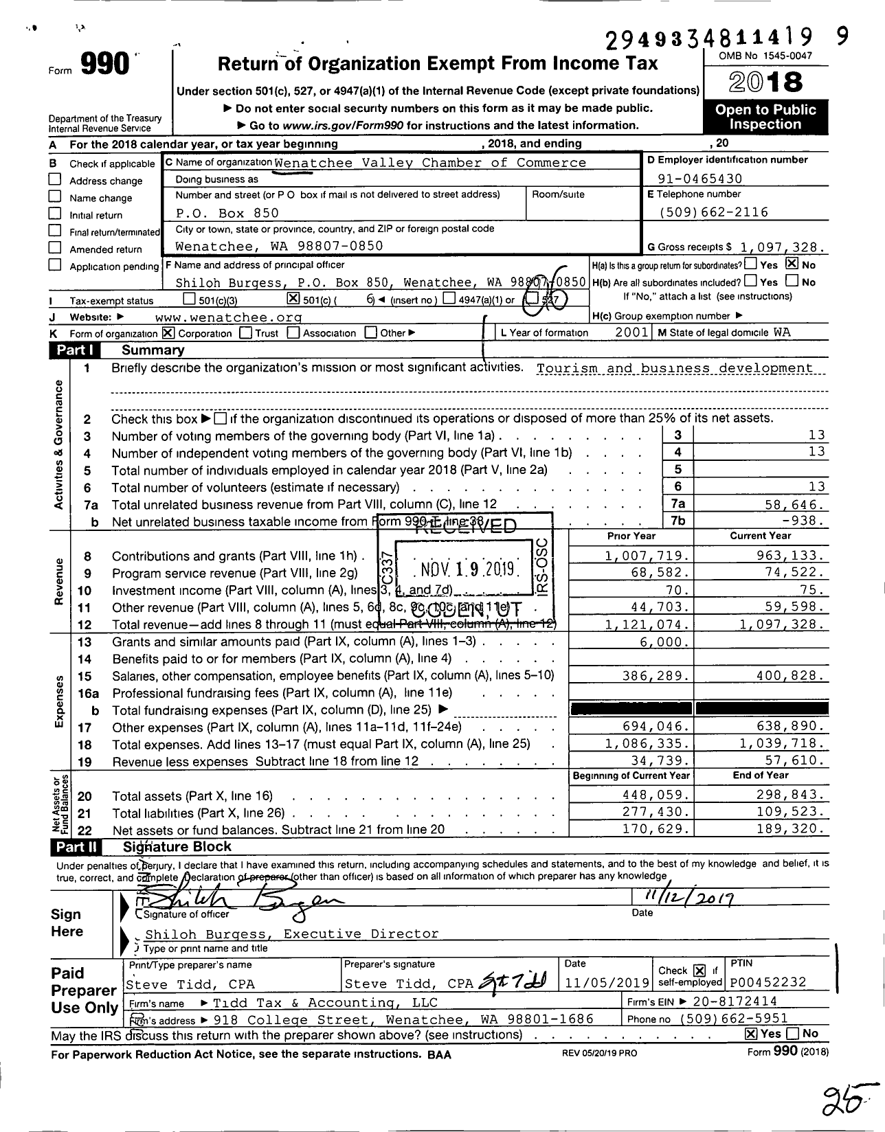 Image of first page of 2018 Form 990O for Wenatchee Valley Chamber of Commerce