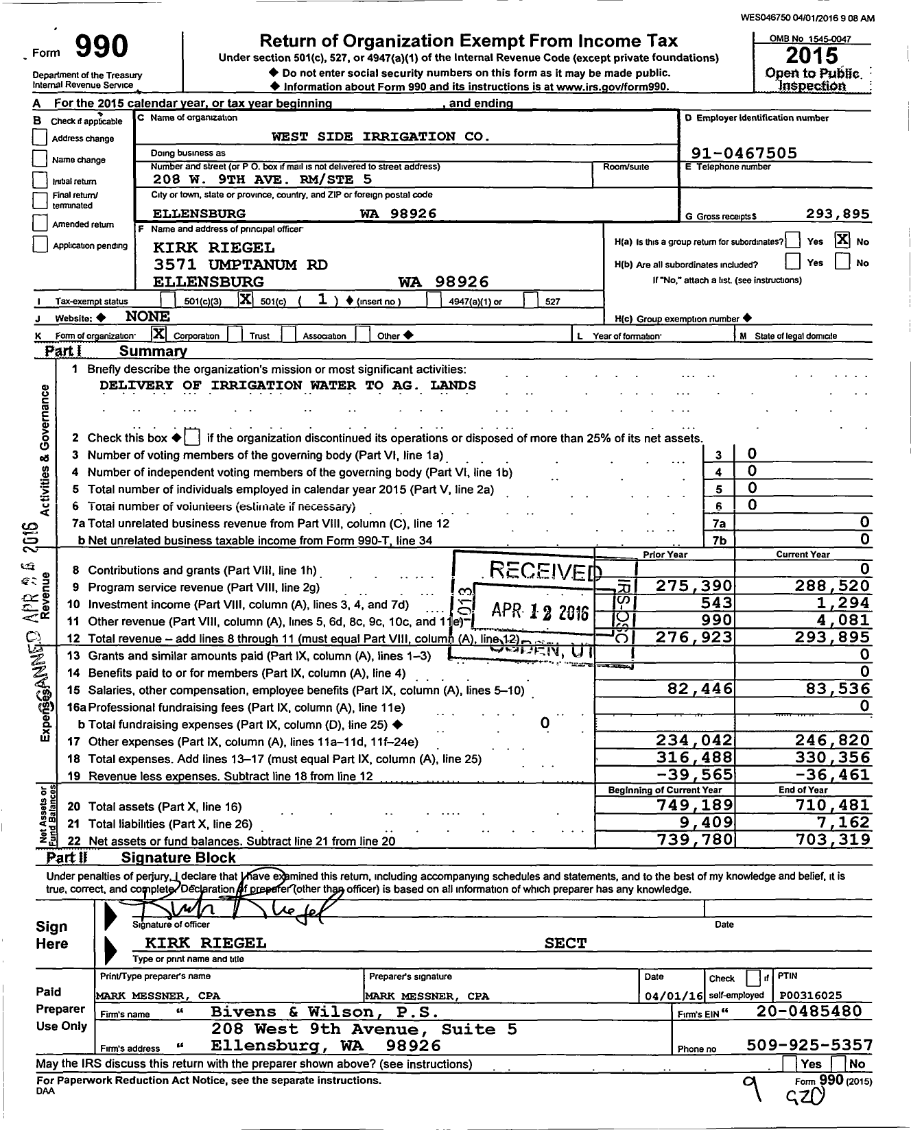 Image of first page of 2015 Form 990O for West Side Irrigation