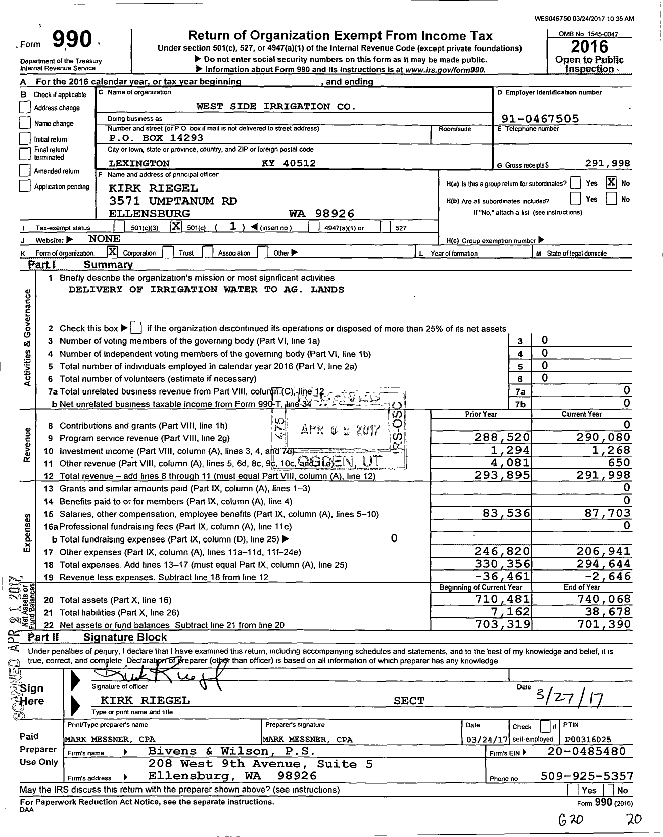 Image of first page of 2016 Form 990O for West Side Irrigation