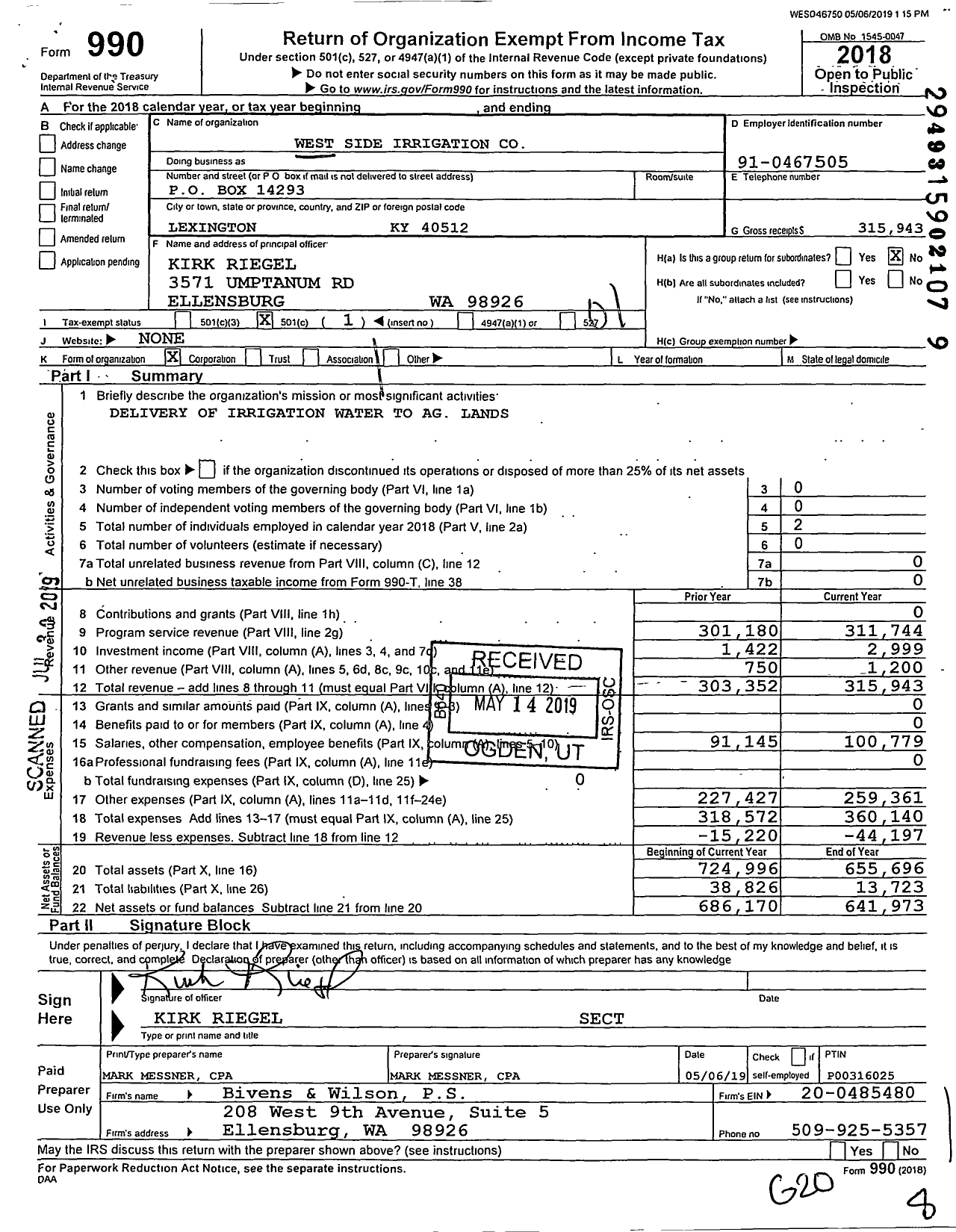 Image of first page of 2018 Form 990O for West Side Irrigation