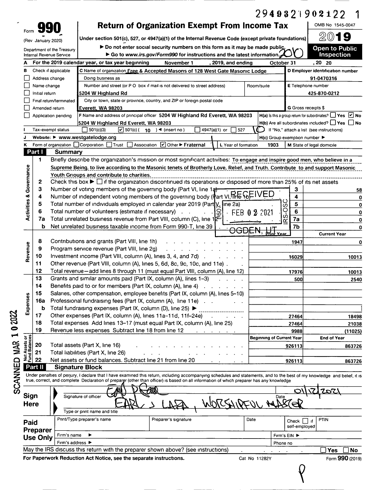 Image of first page of 2019 Form 990O for Free & Accepted Masons of Washington - 128 WEST GATE Masonic LODGE